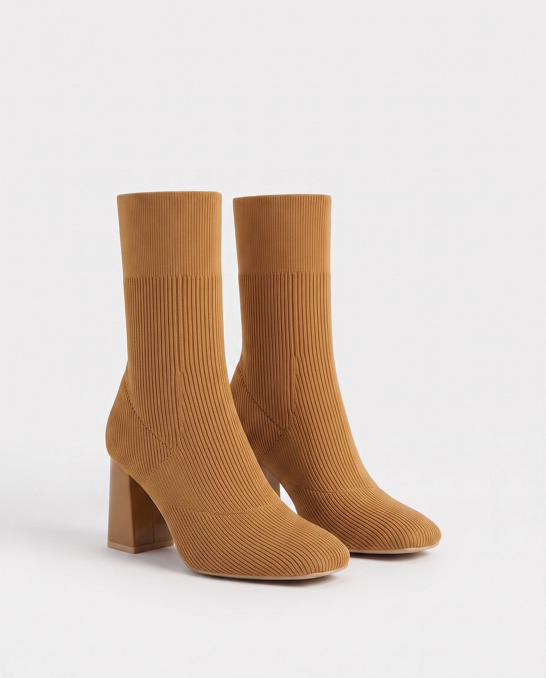 Bottines chaussettes en maille a talon haut Adelphine Caramel Vieilli — packshot, second angle