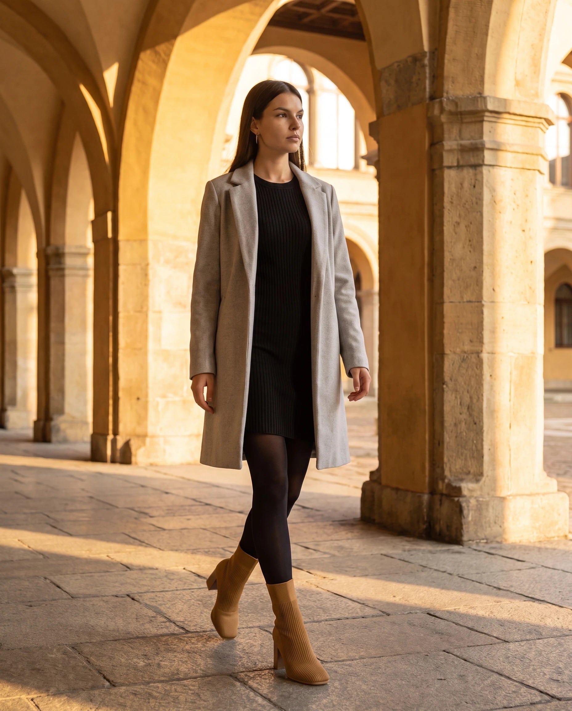 Bottines chaussettes en maille a talon haut Adelphine Caramel Vieilli — portées en extérieur