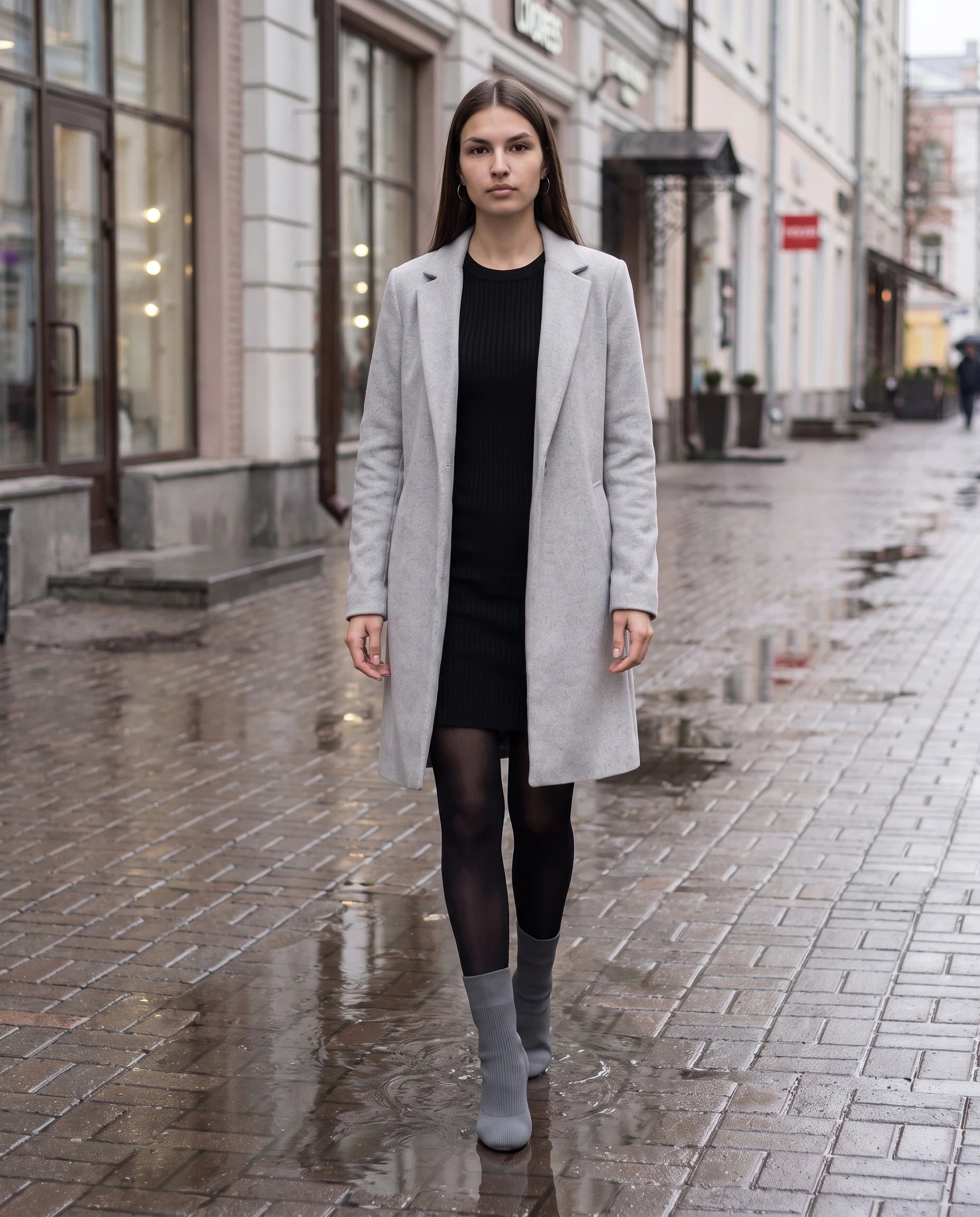 Bottines chaussettes en maille a talon haut Adelphine Gris Ardoise — portées en extérieur