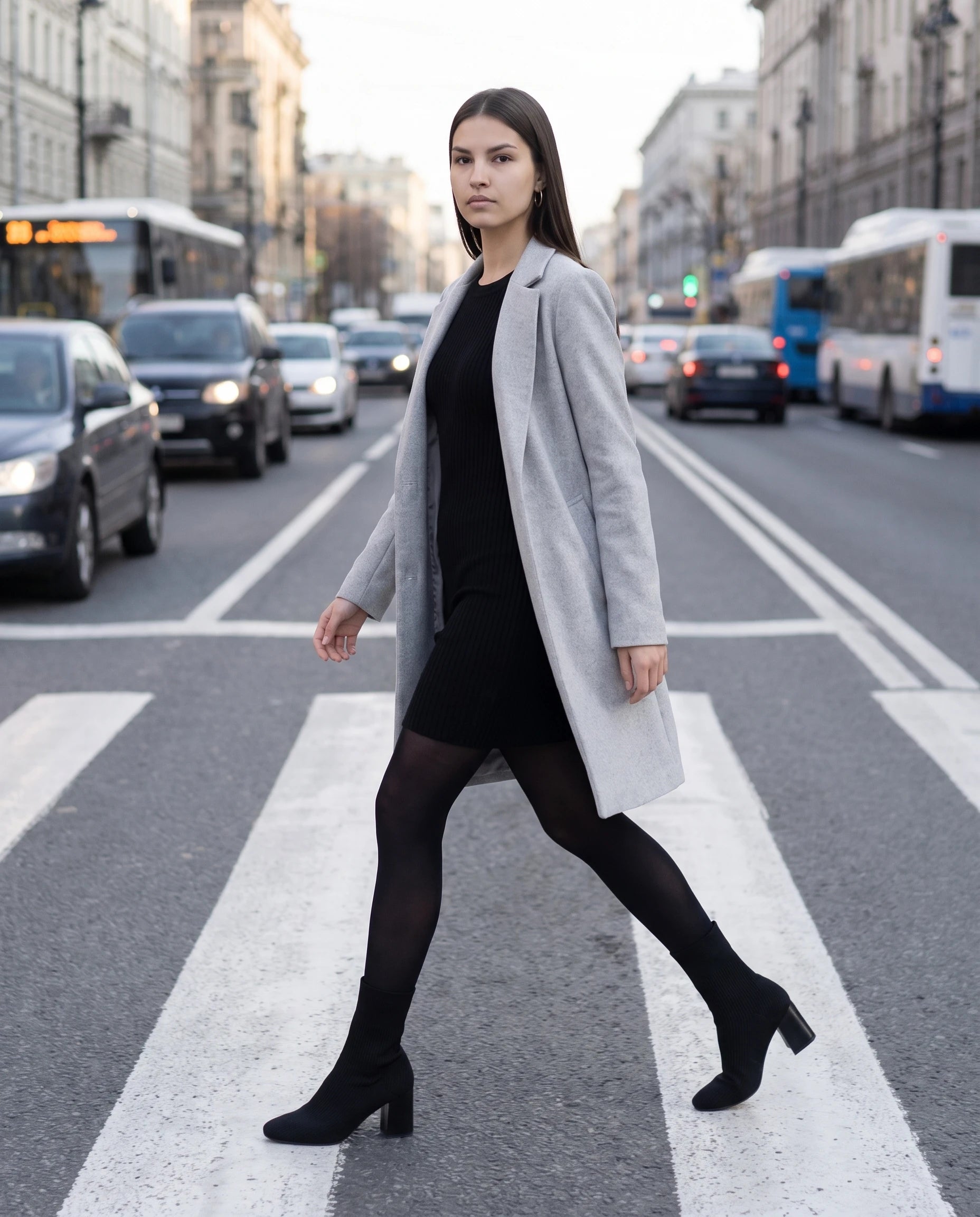 Bottines chaussettes en maille a talon haut Adelphine Noir — portées en extérieur