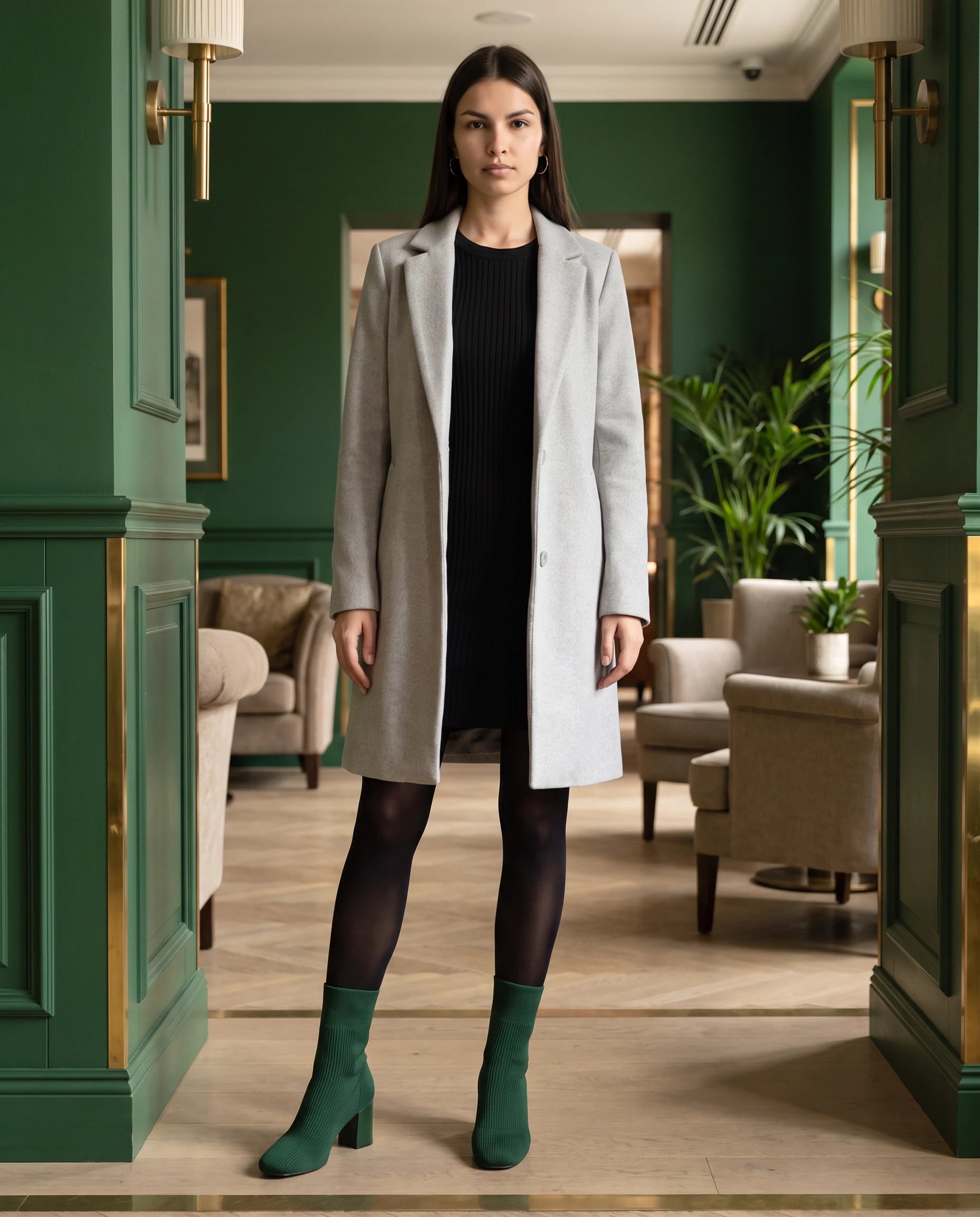 Bottines chaussettes en maille a talon haut Adelphine Vert Sapin — portées en extérieur