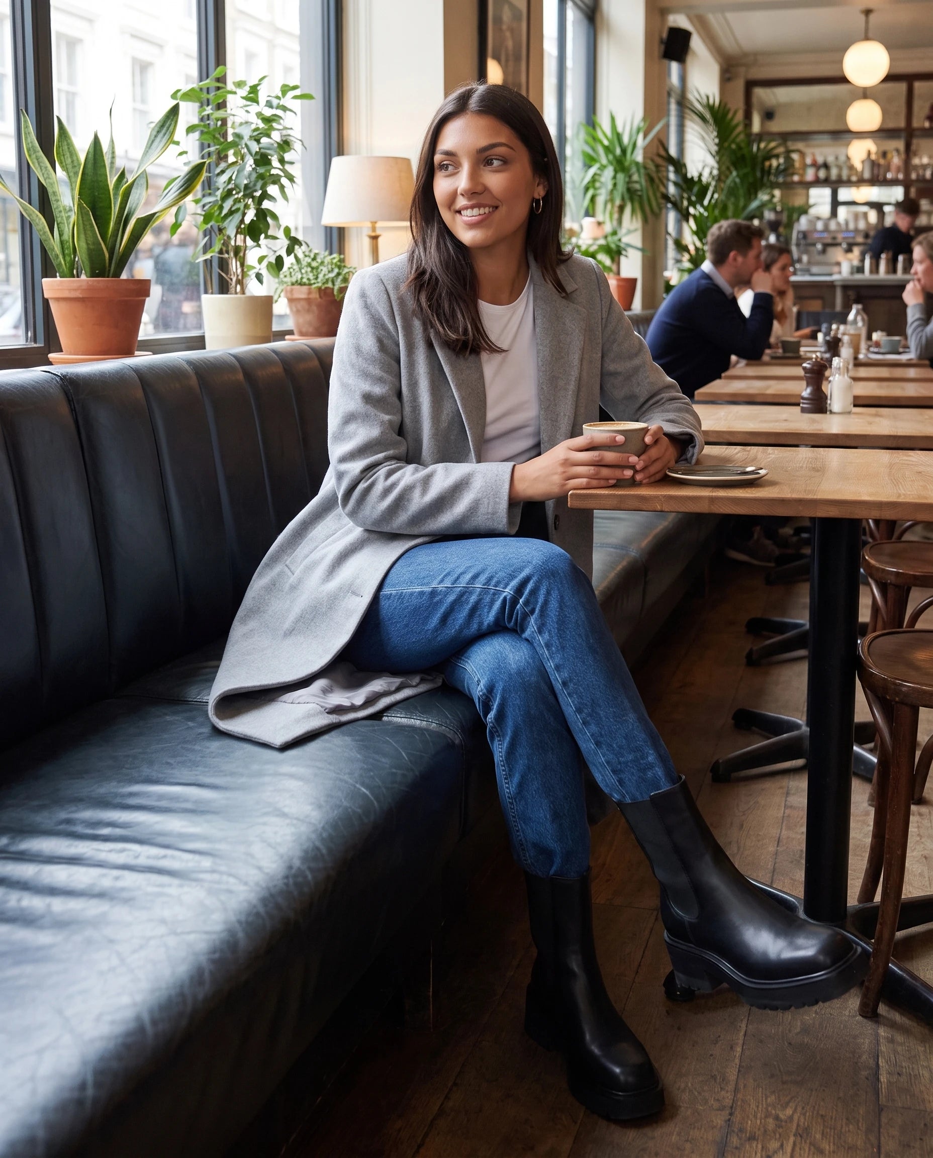 Bottines chelsea à bout carré et talon Herméline — Noir, portées assise sur une banquette de bistrot