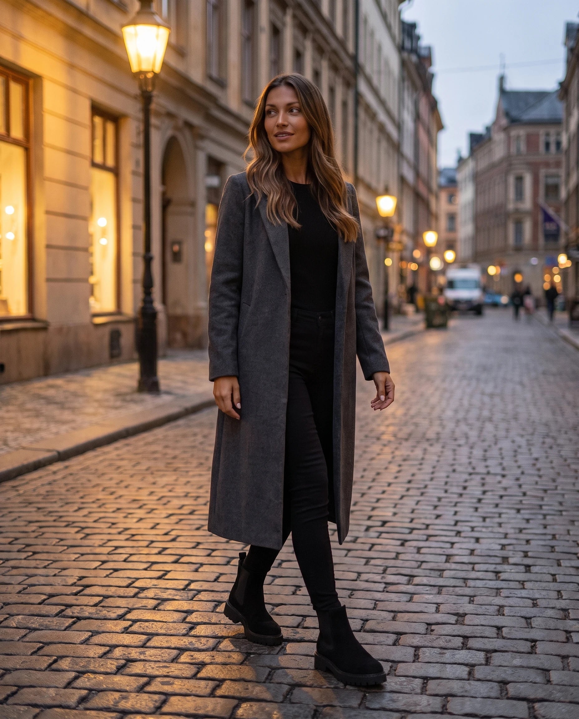 Bottines chelsea en suédine Théodosie — Noir, portées dans une rue pavée au crépuscule