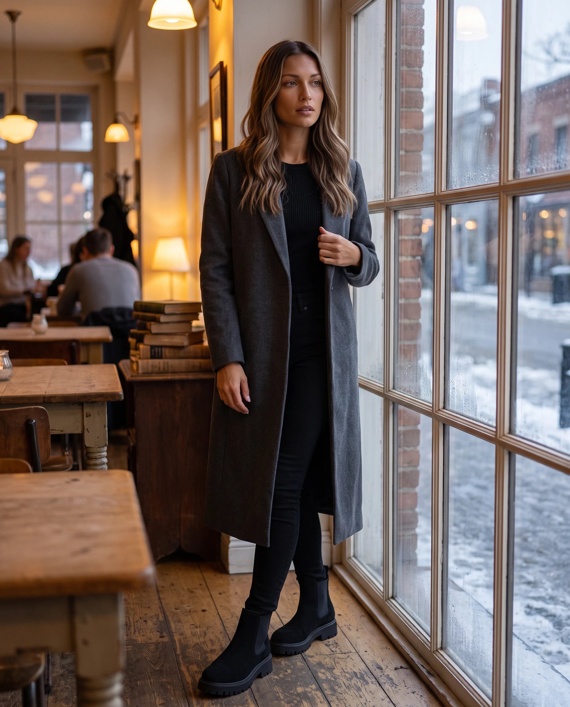 Bottines chelsea en suédine Théodosie — Noir, portées devant un café d'hiver