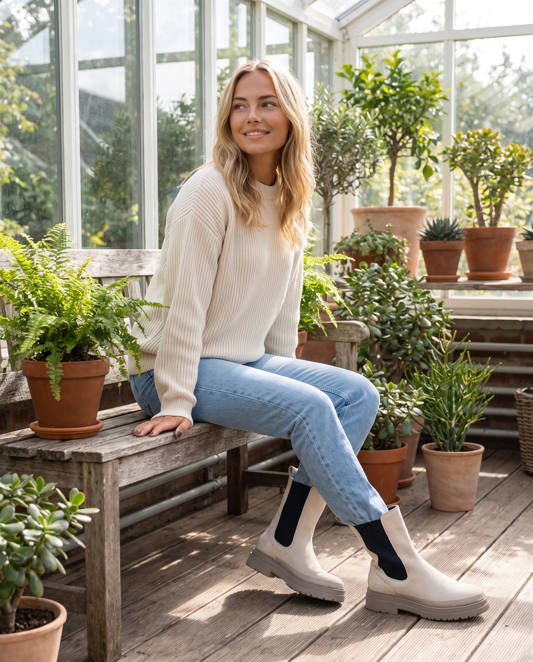 Bottines chelsea en suédine Améline — Blanc Cassé, portées assise dans une véranda lumineuse