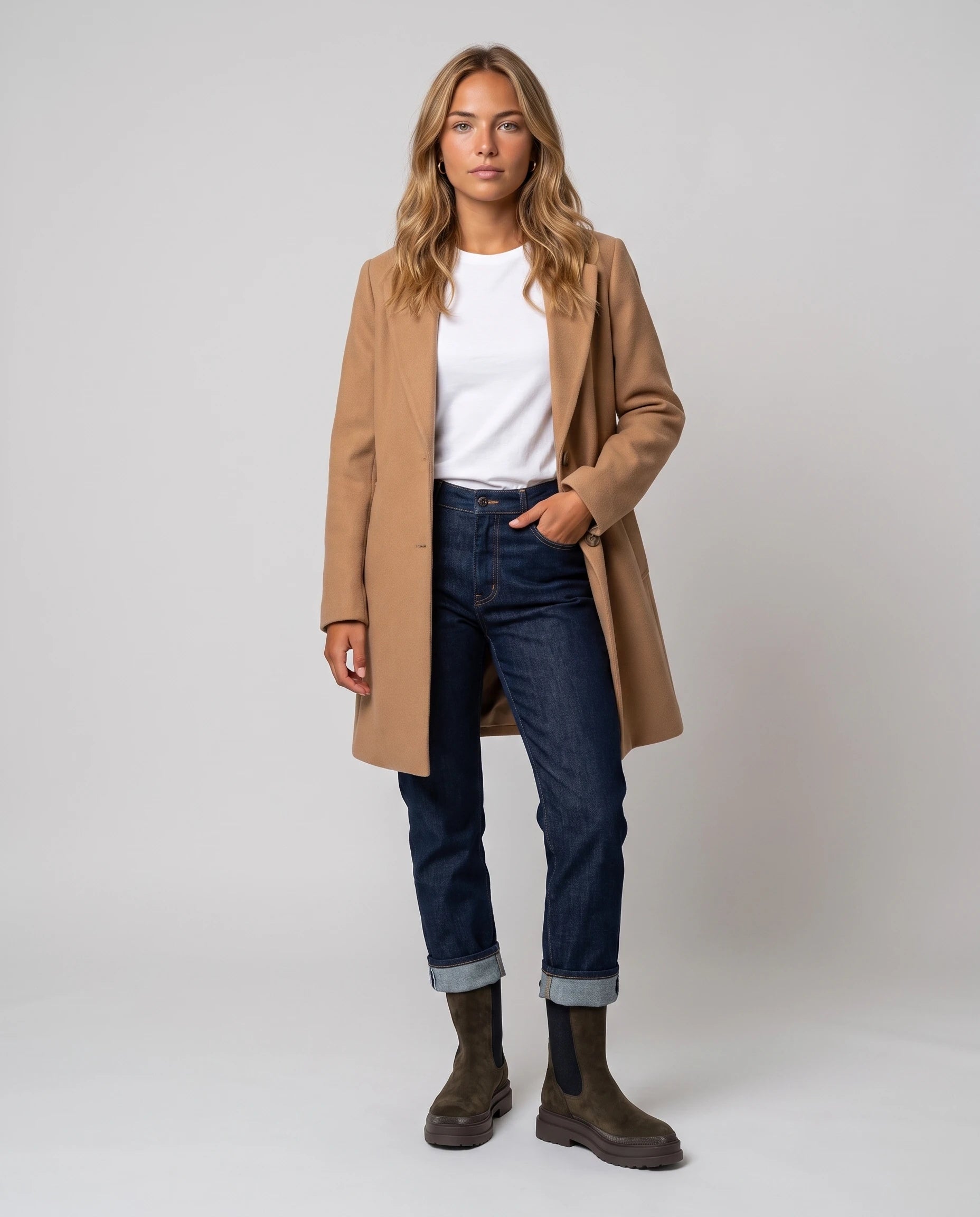 Bottines chelsea en suédine Améline — Kaki, portées en plein pied studio