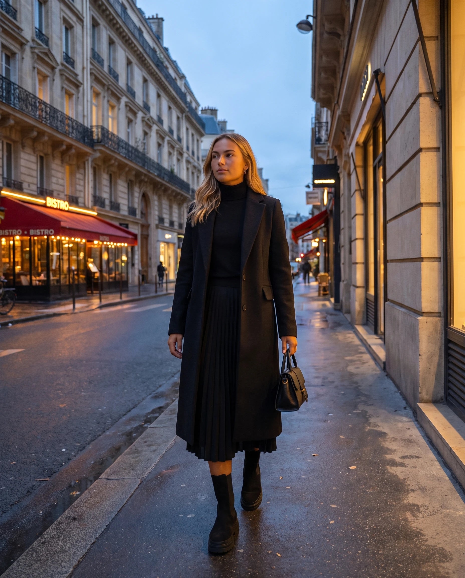 Bottines chelsea en suédine Améline — Noir, portées sur un boulevard parisien le soir