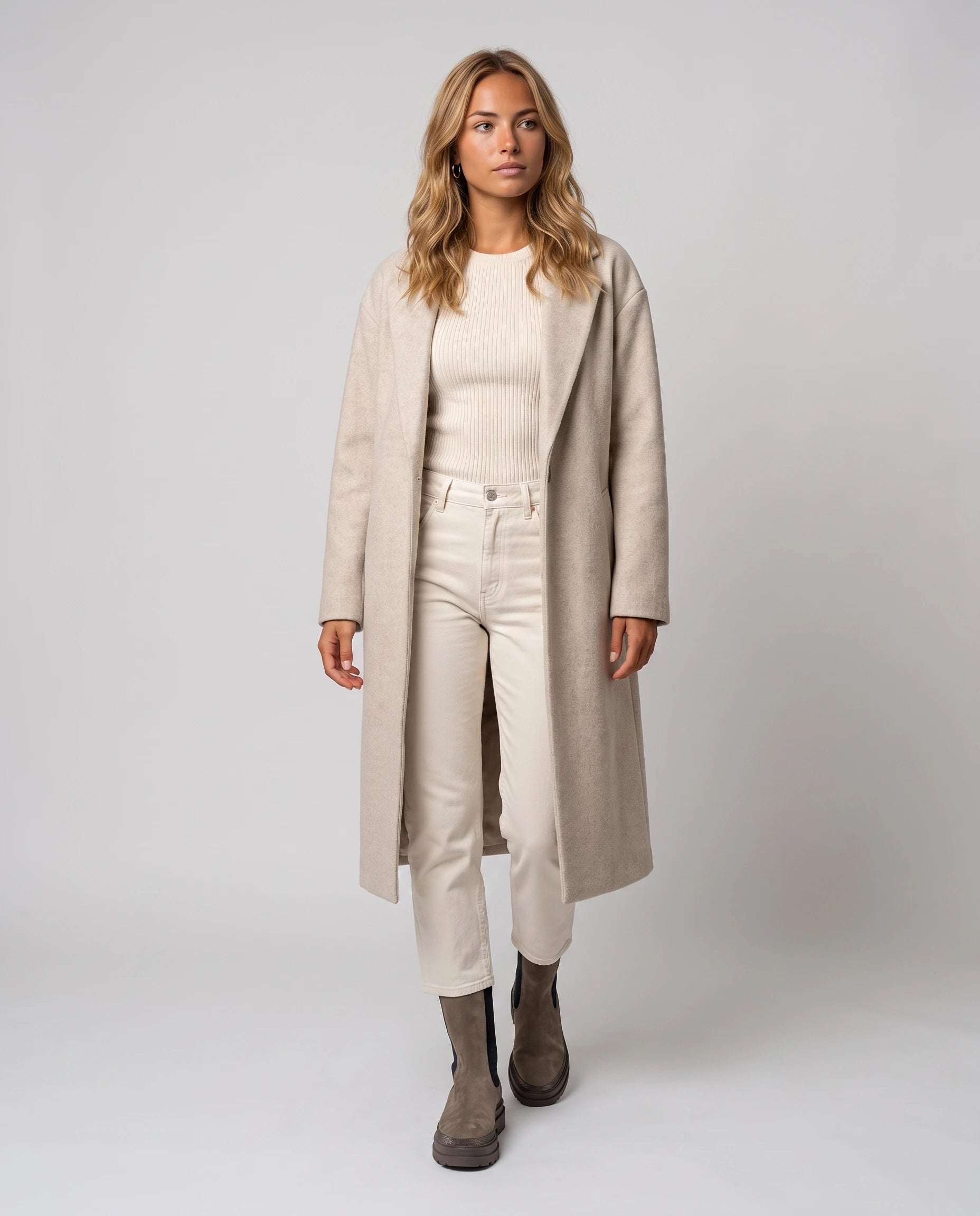 Bottines chelsea en suédine Améline — Taupe, portées en plein pied studio