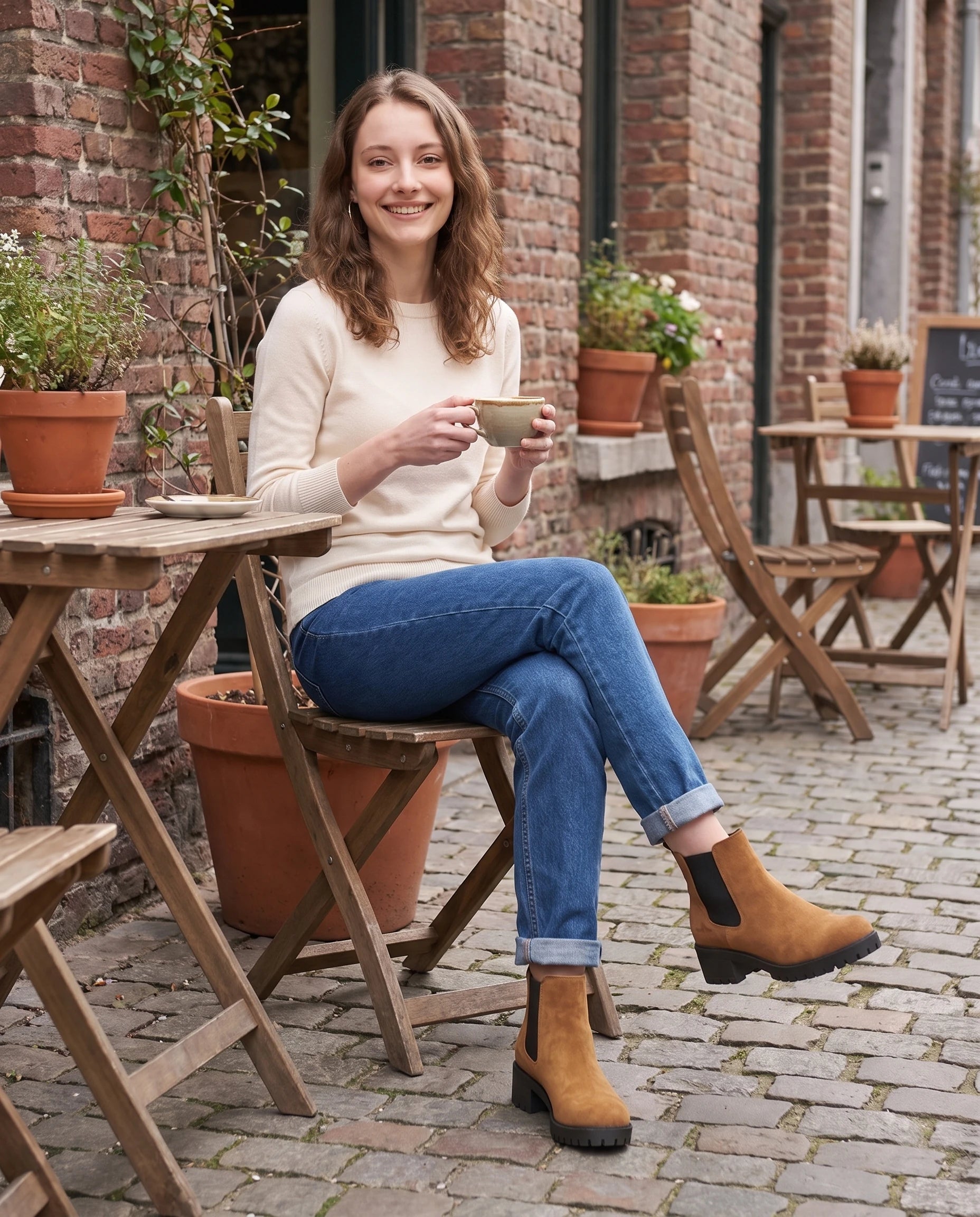 Bottines chelsea à talon en suédine Athalie — Camel, portées en terrasse de café