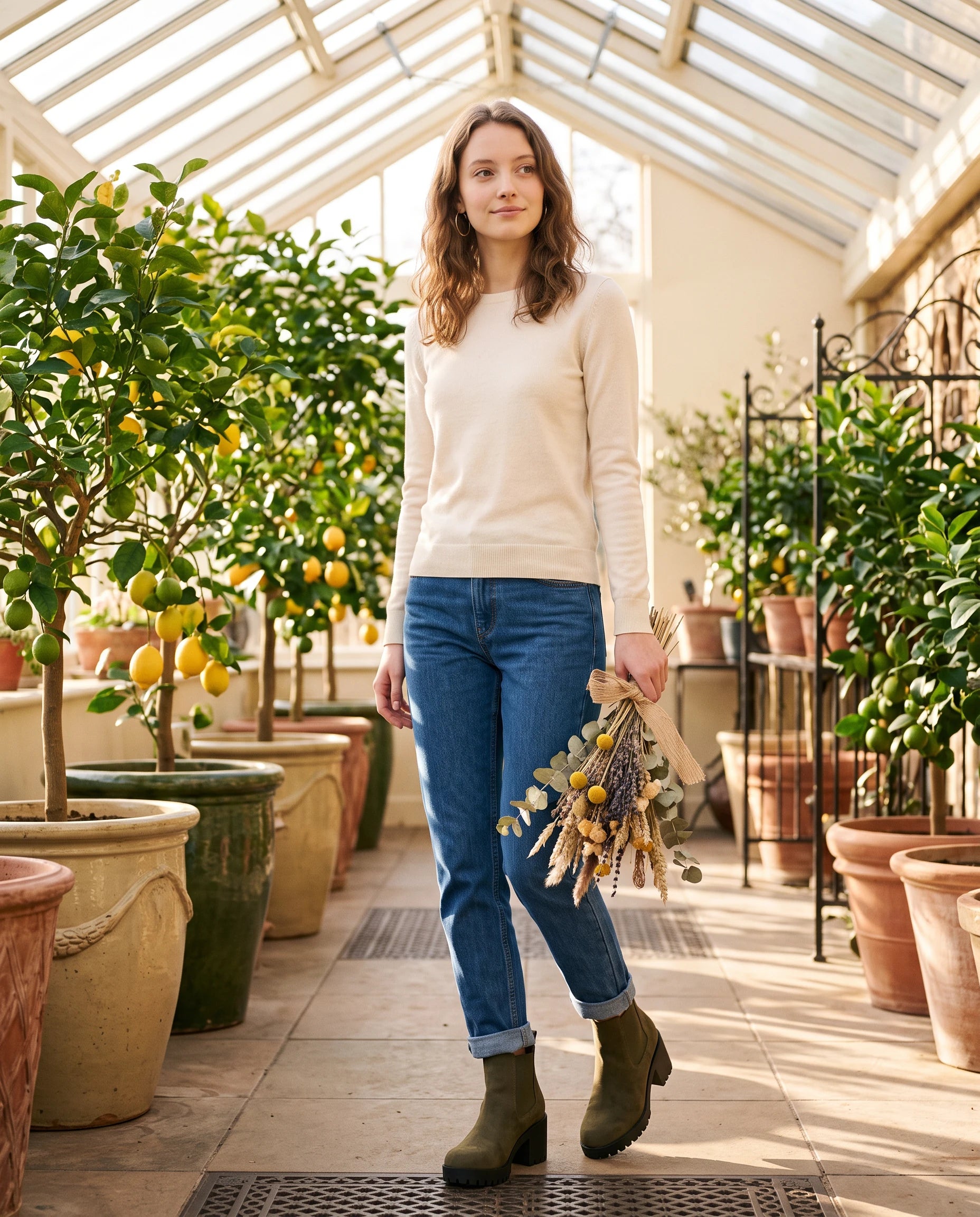 Bottines chelsea à talon en suédine Athalie — Kaki, portées dans une orangerie