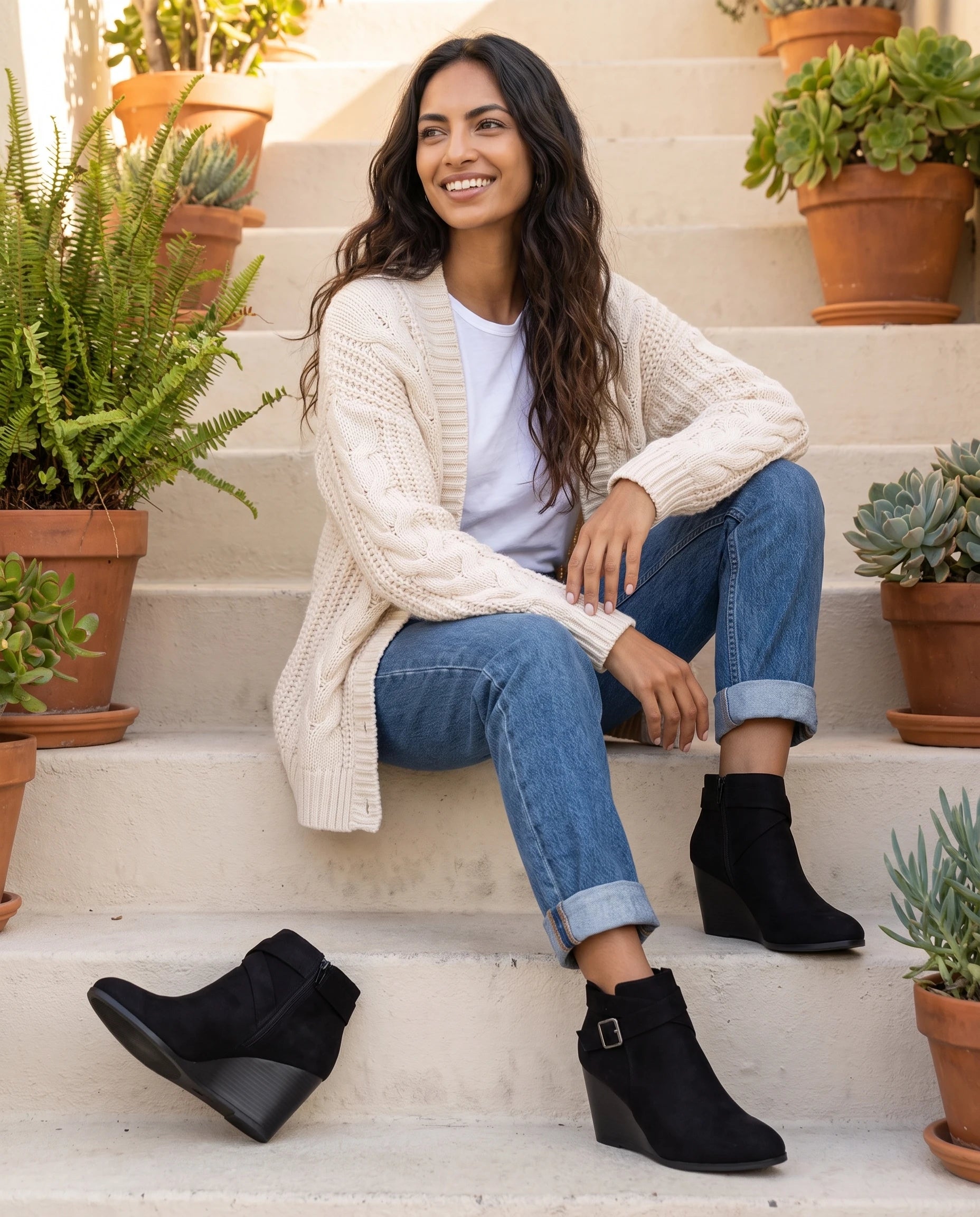 Bottines a talon compense en suedine Rosaline Noir — portées en extérieur