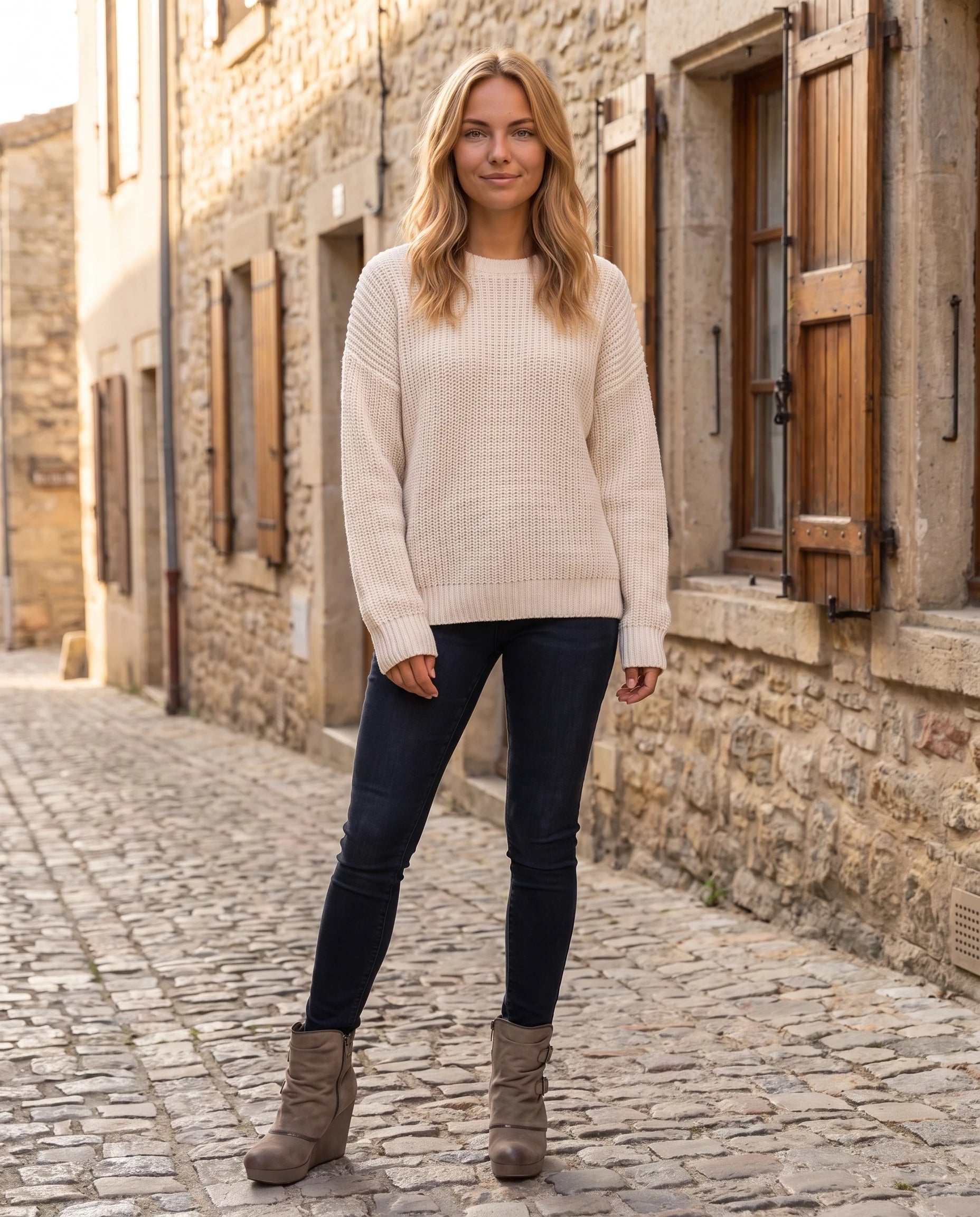 Bottines compensées à boucles en suédine Ermeline — Taupe, portées en extérieur