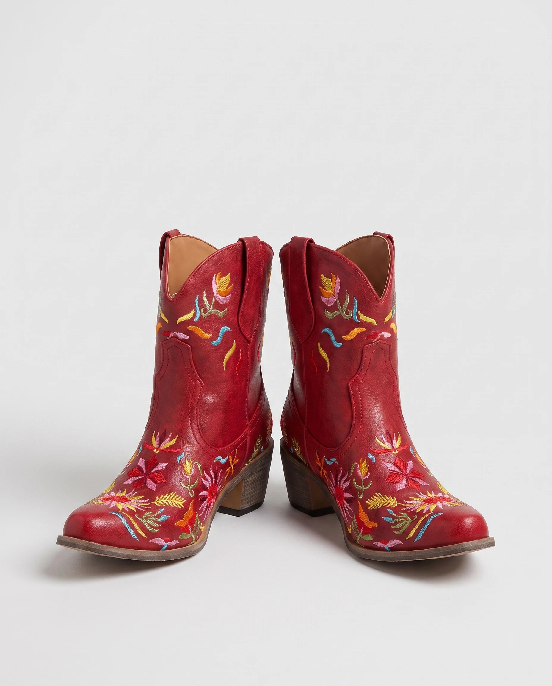 Bottines santiags à broderie florale en simili Émerance Rouge — packshot studio