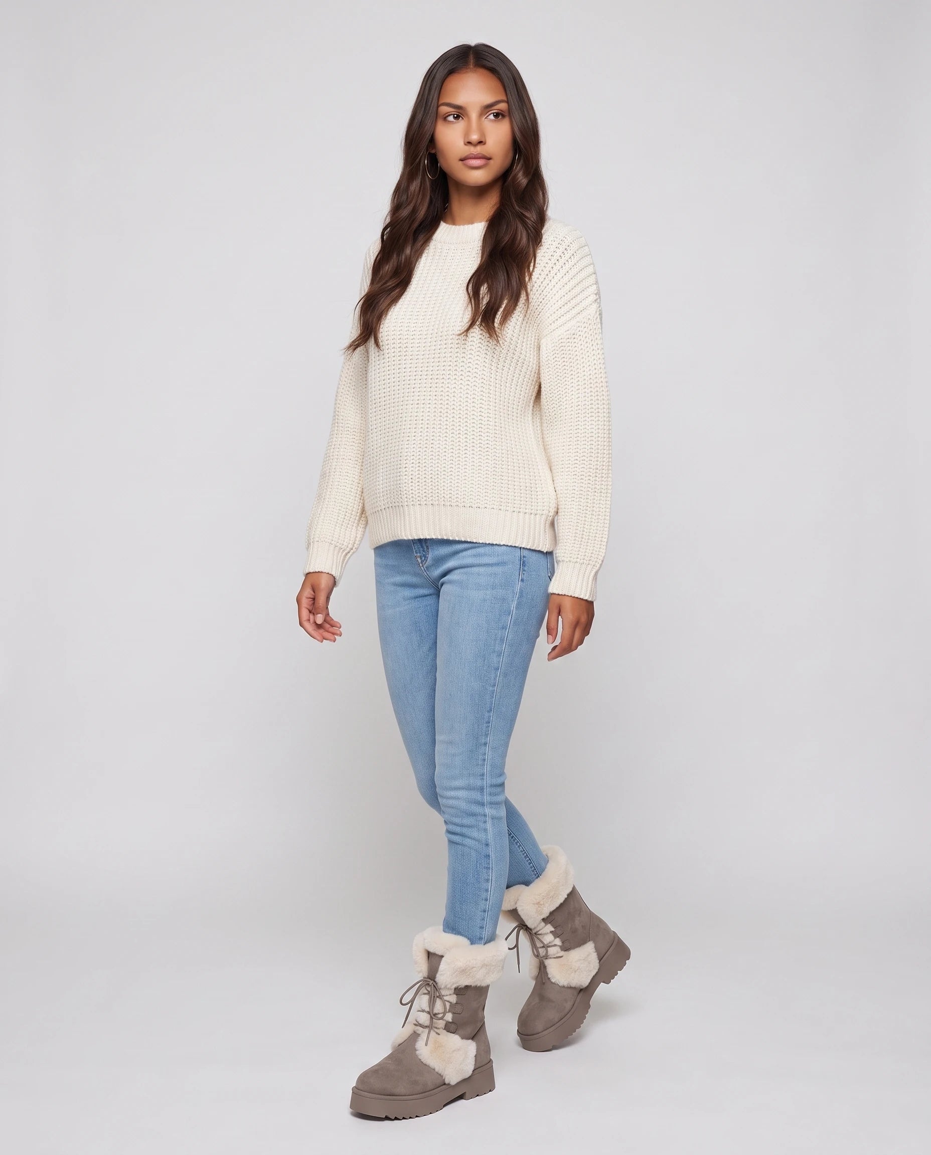 Bottines fourrées à lacets en suédine Toinette — Taupe, portées en plein pied studio