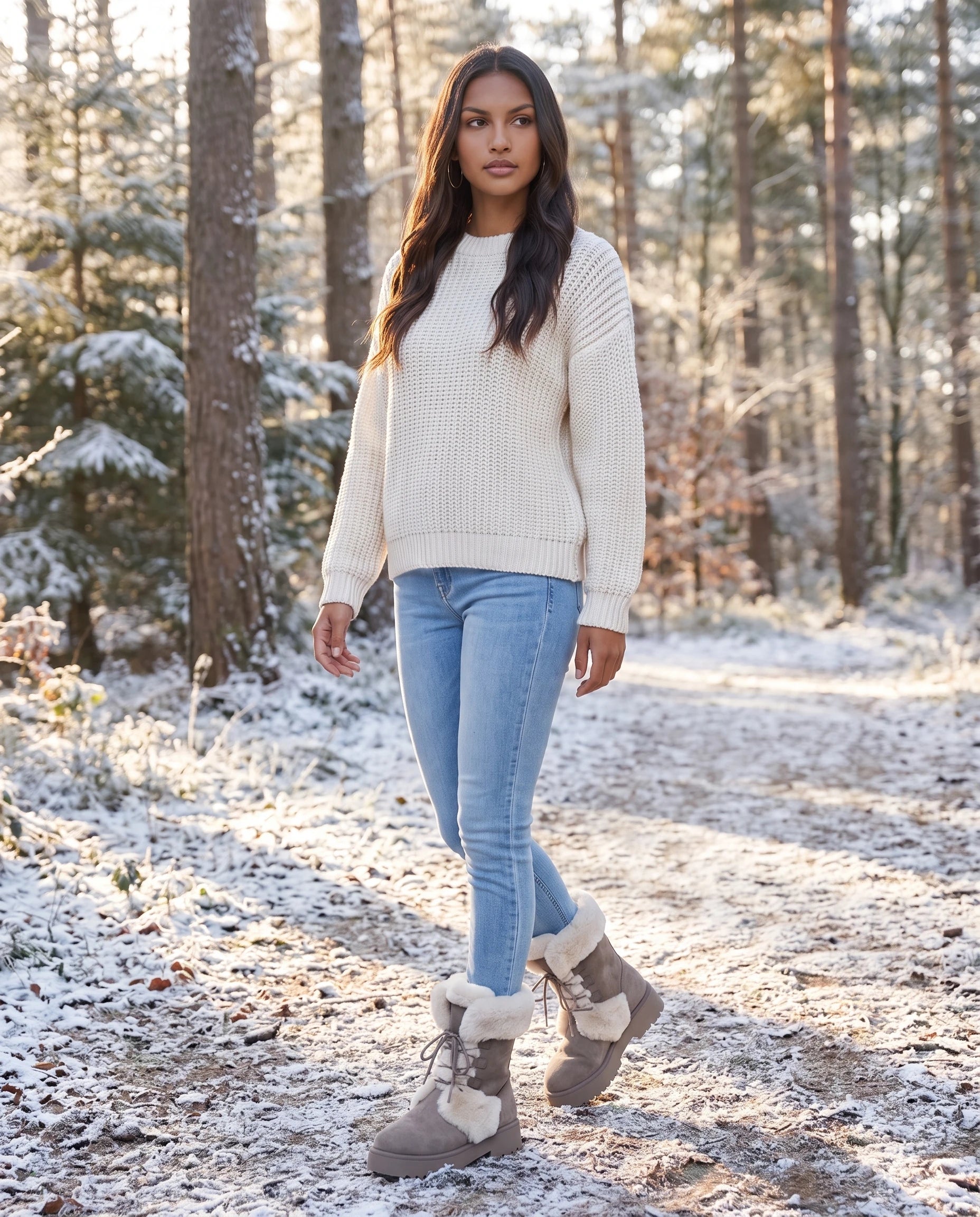 Bottines fourrées à lacets en suédine Toinette — Taupe, portées en situation