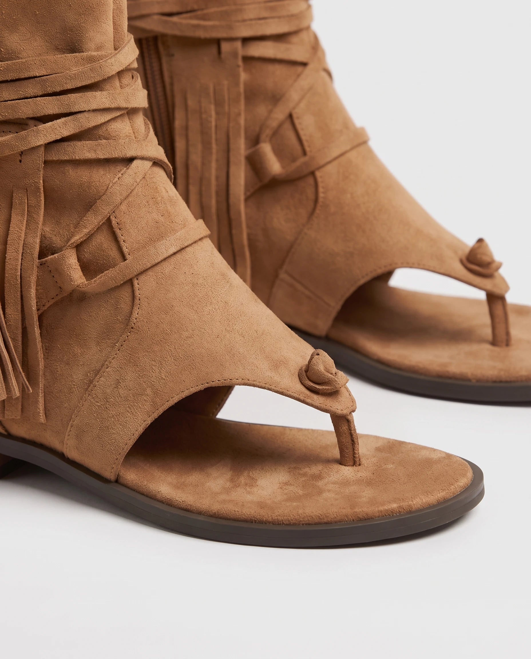 Bottines gladiateur à franges en suédine Vianne — Camel, packshot vue complémentaire
