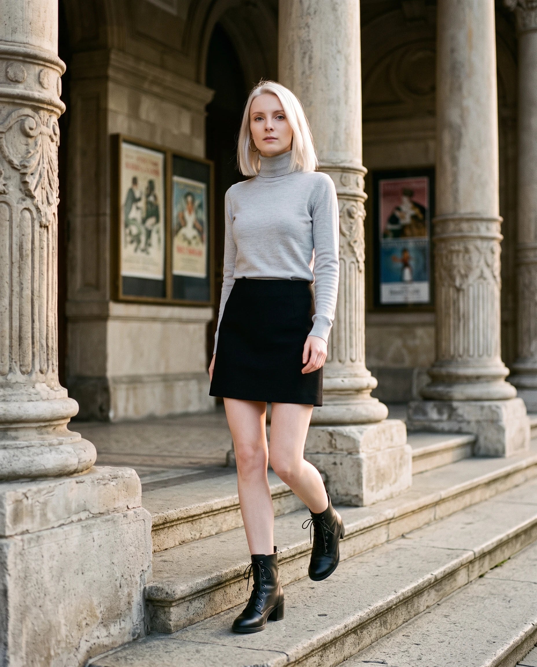 Bottines à lacets à talon effet cuir Alphonsine — Noir, portées sur le perron à colonnes d'un ancien théâtre