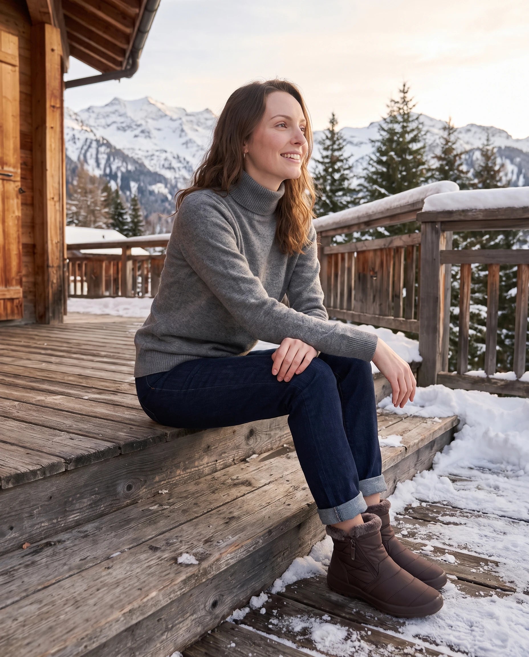 Bottines de neige fourrées Noëlle — Chocolat, portées sur une terrasse de chalet en bois
