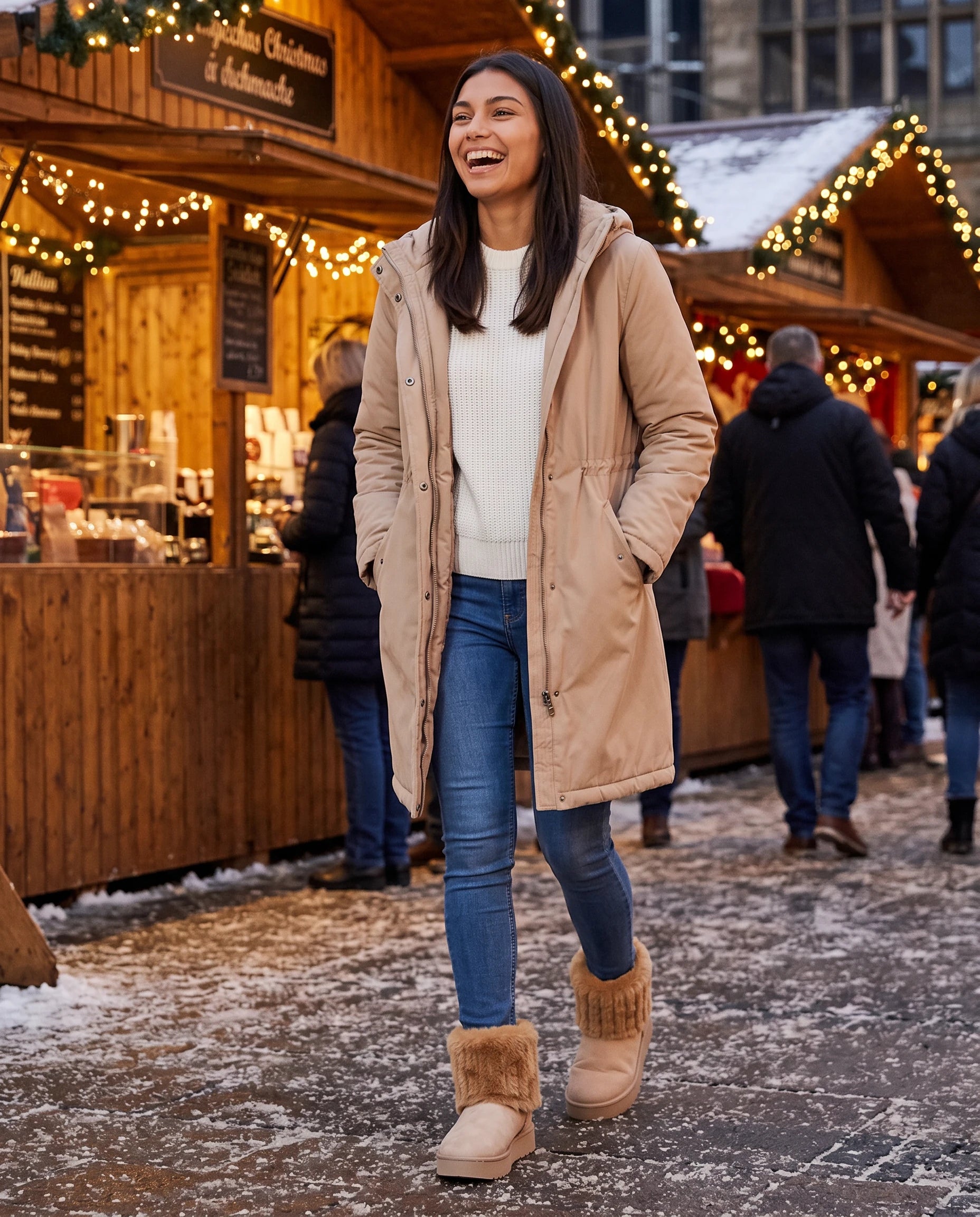 Bottines de neige à col fourrure et plateforme Yolène — Camel, portées en situation hivernale