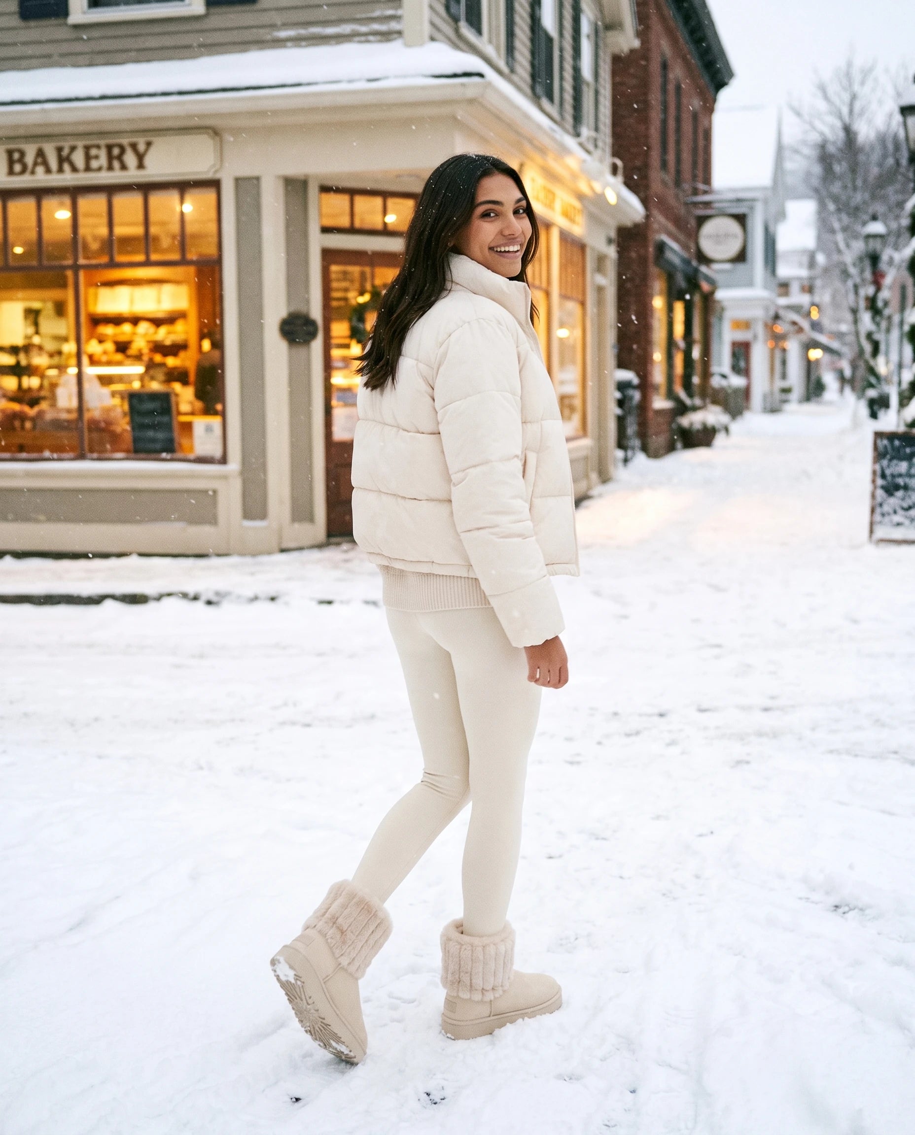Bottines de neige à col fourrure et plateforme Yolène — Crème, portées en extérieur