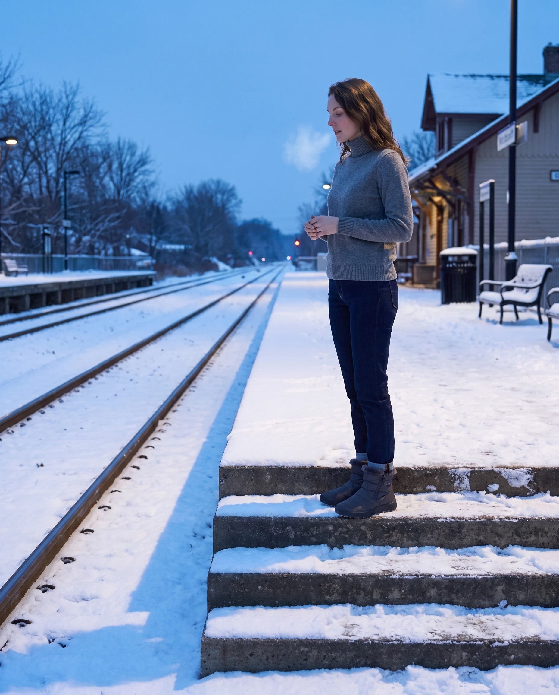 Bottines de neige fourrées Noëlle — Gris Anthracite, portées sur un quai de gare sous la neige