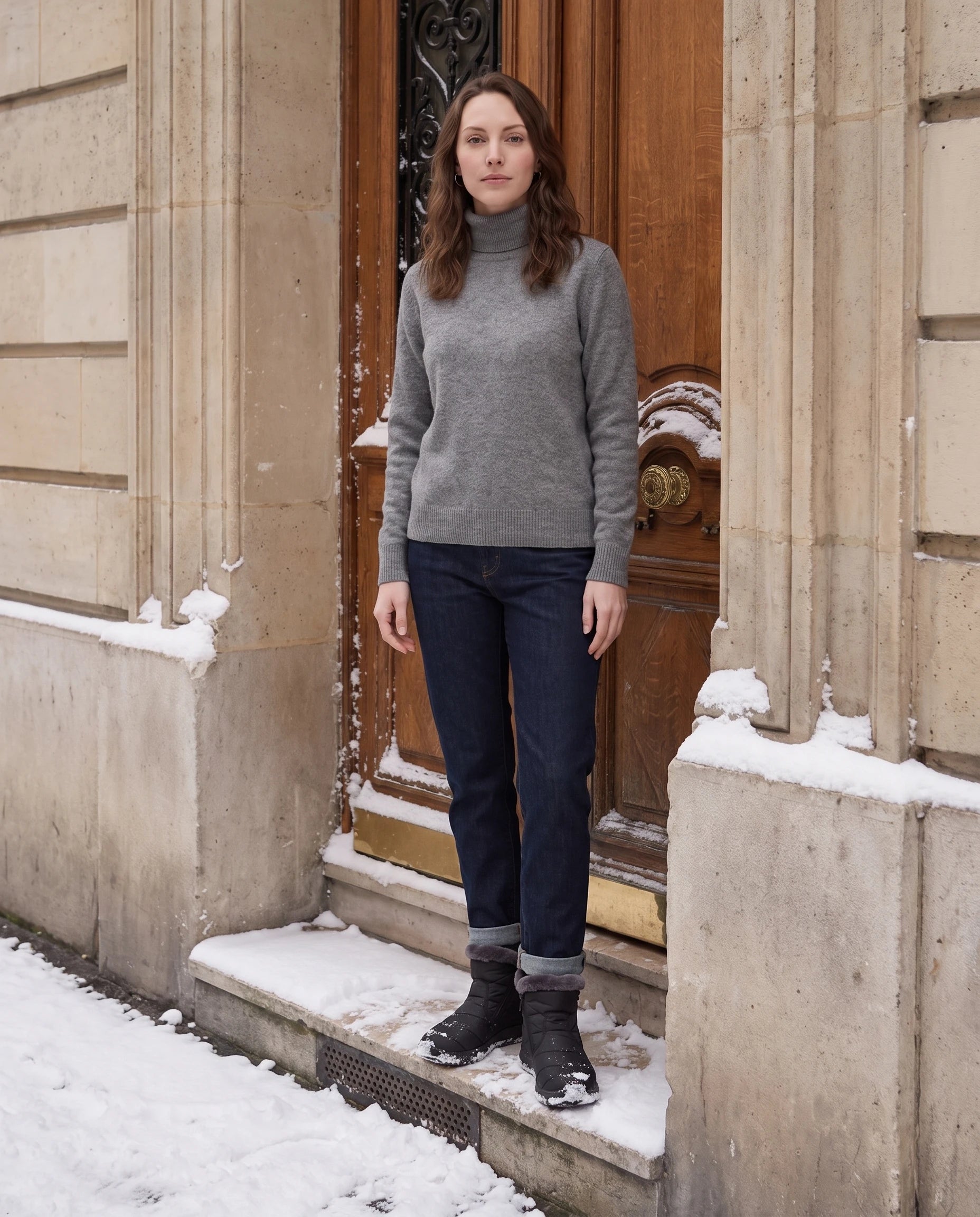Bottines de neige fourrées Noëlle — Noir, portées devant un porche haussmannien sous la neige