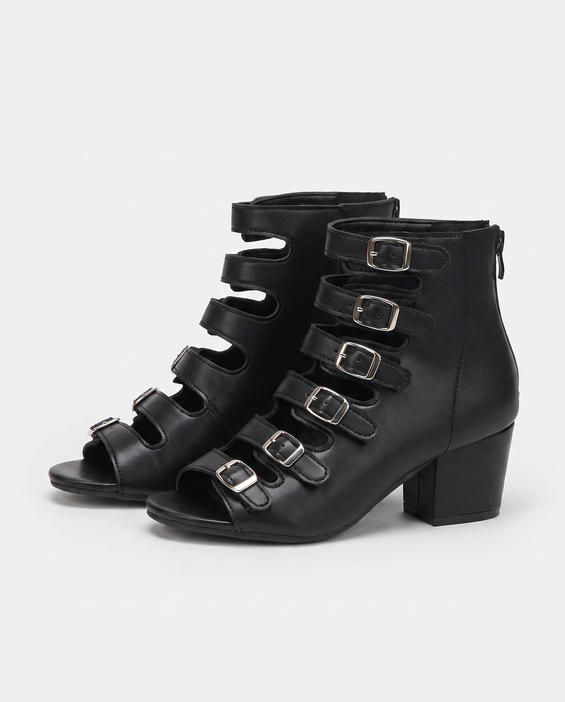 Bottines ouvertes à brides et boucles en simili Ysoline Noir — packshot studio