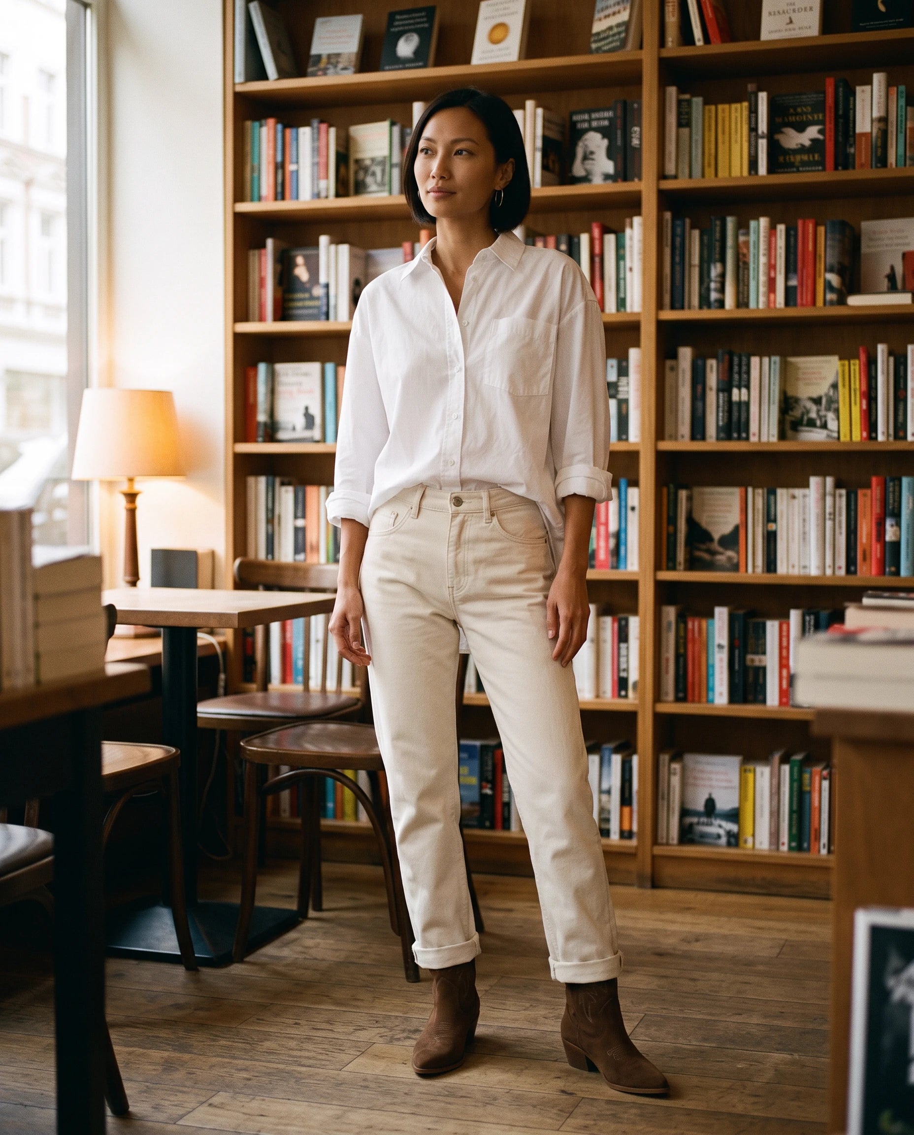 Bottines santiags basses en suédine Yvonne — Chocolat, portées dans une librairie-café aux étagères de bois