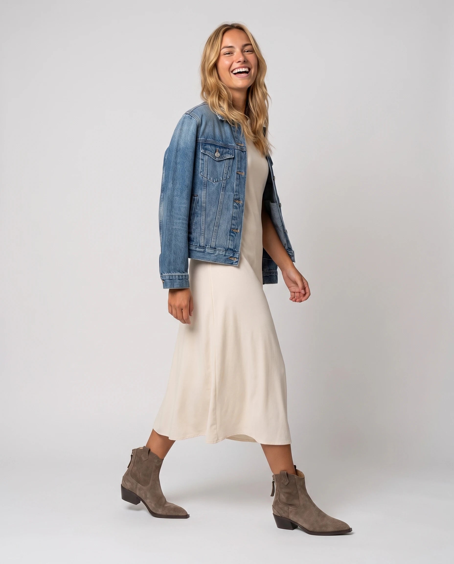 Bottines western en suédine Quiterie — Taupe, portées en plein pied studio