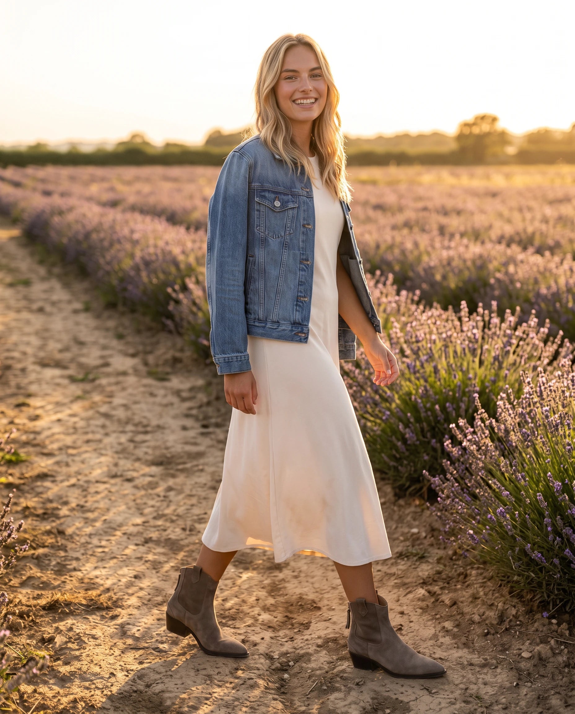 Bottines western en suédine Quiterie — Taupe, portées en extérieur