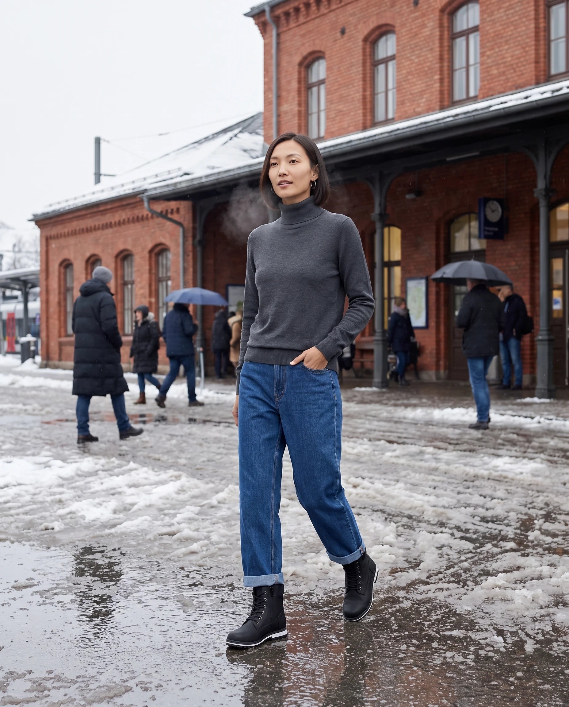 Bottines worker fourrées à col en peluche Frédérique — Noir, portées sur un parvis de gare sous la neige fondue