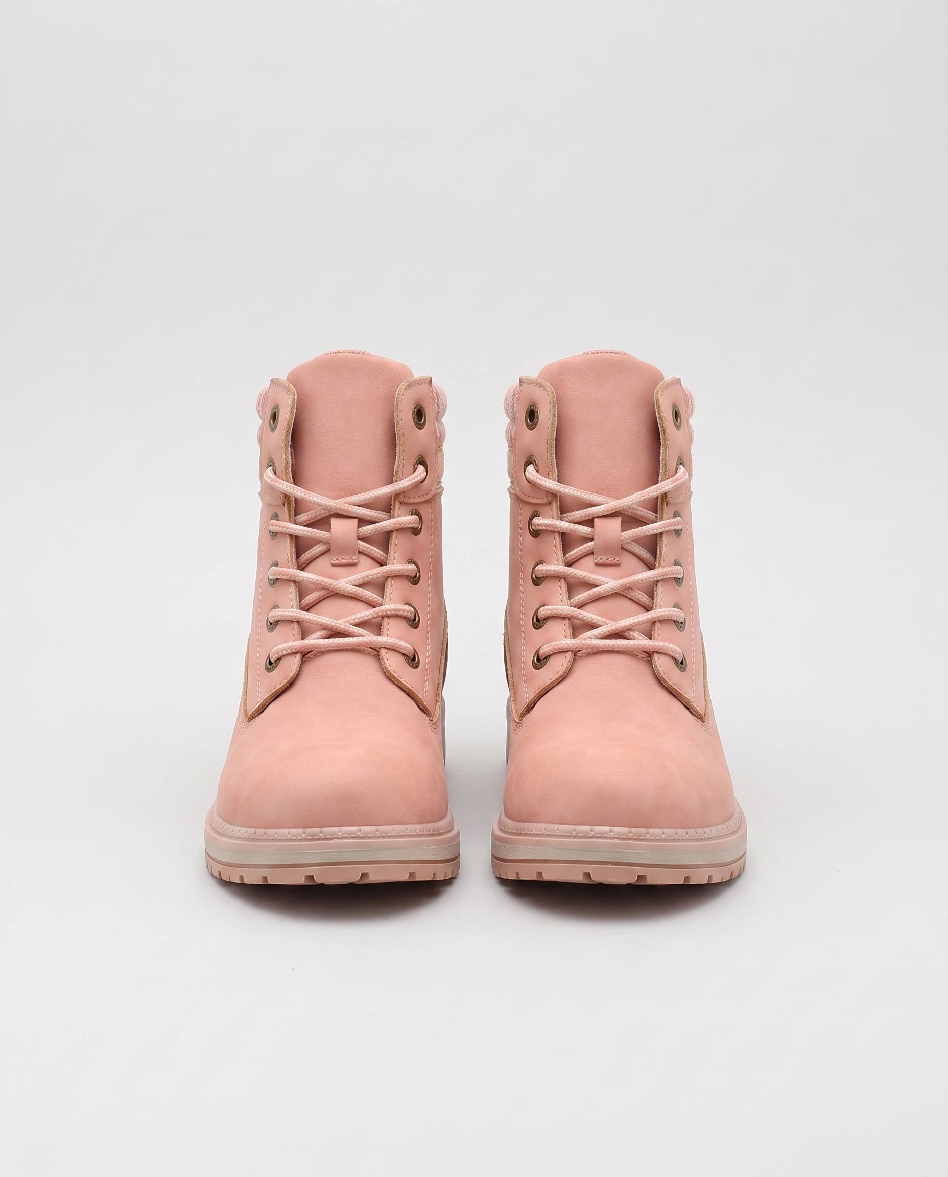 Bottines worker plates à lacets effet cuir Lisette — Rose Poudré, paire vue de face, laçage six œillets