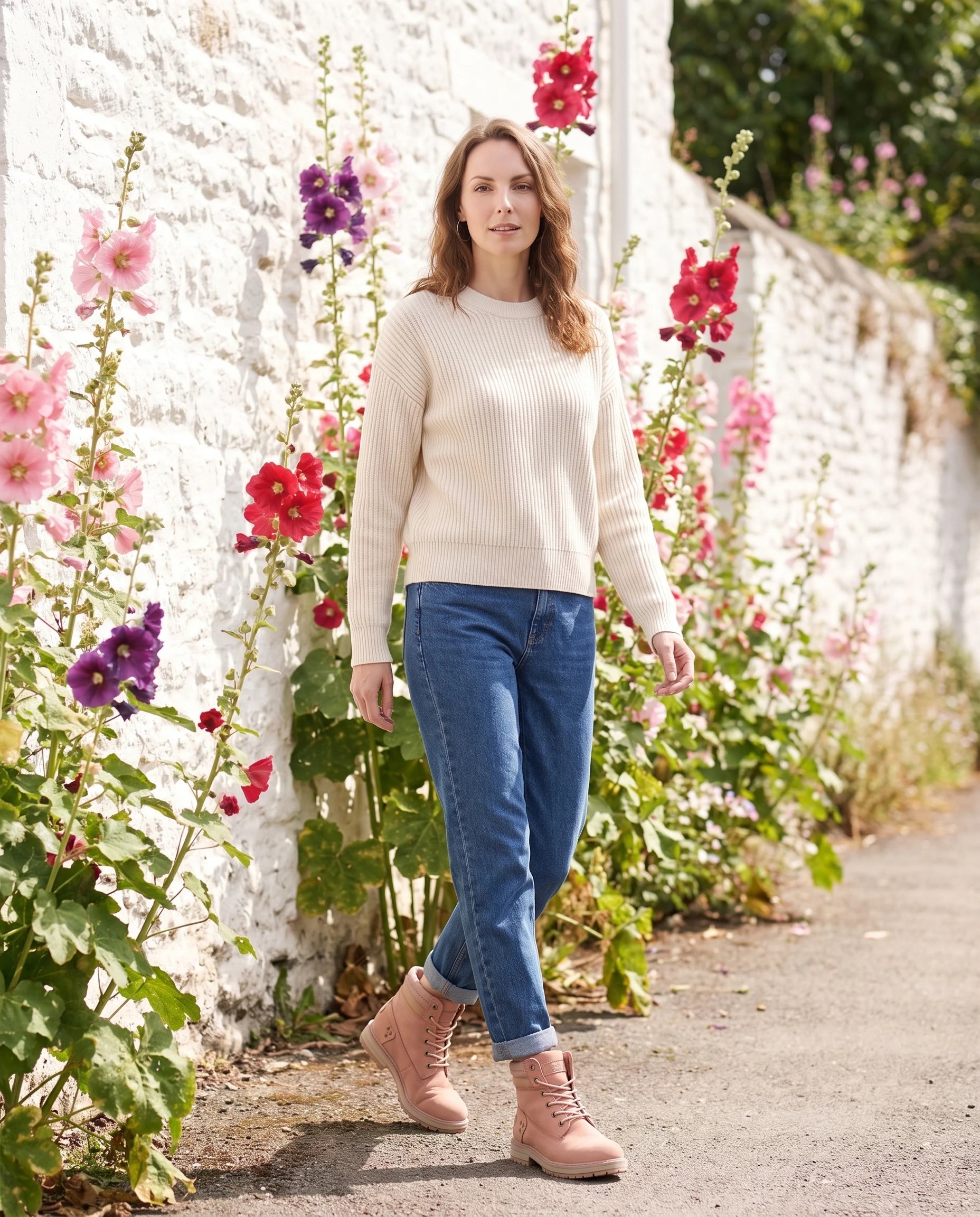 Bottines worker plates à lacets effet cuir Lisette — Rose Poudré, portées le long d'un mur blanchi aux roses trémières