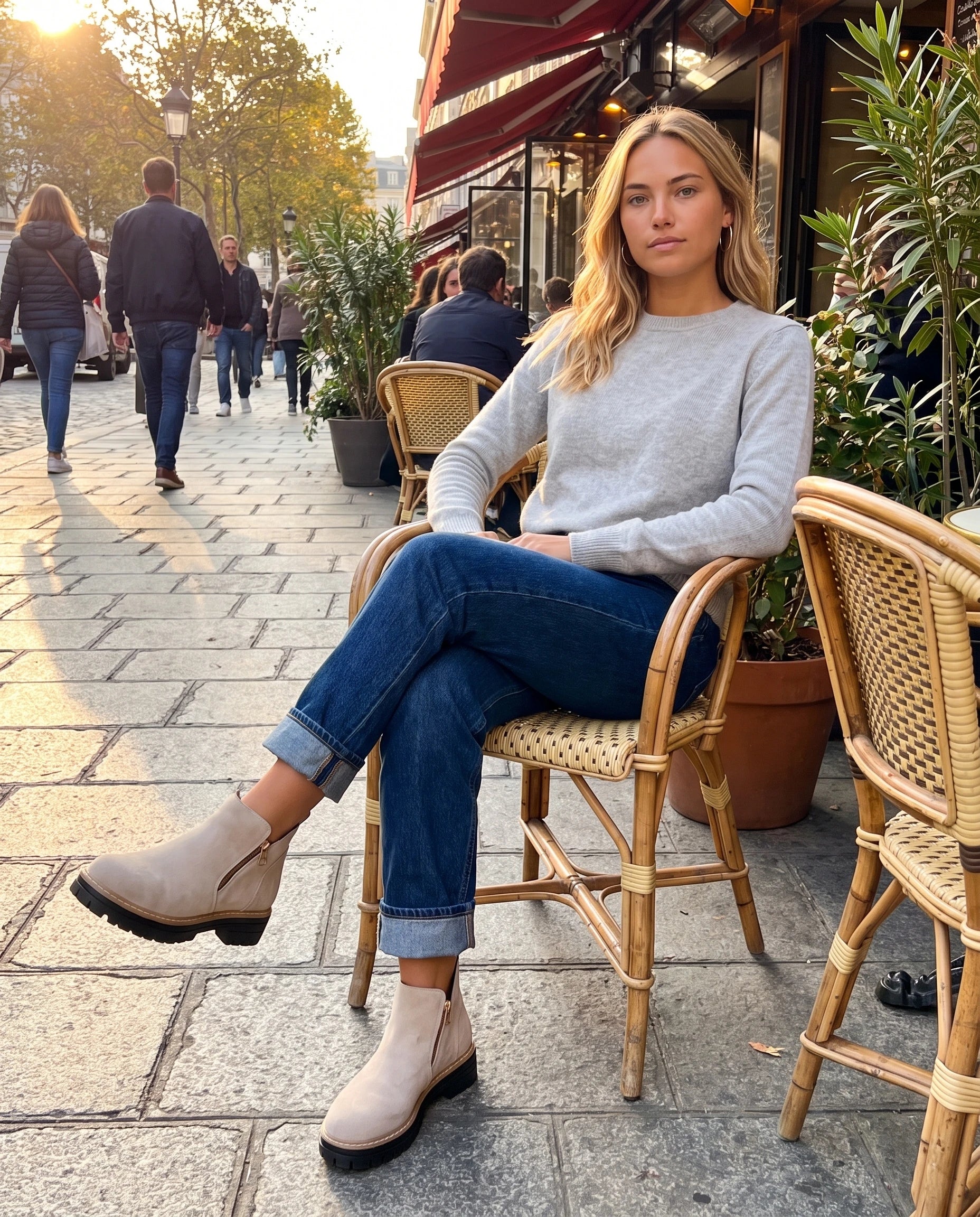 Bottines à zip latéral en suédine Félicité — Beige, portées à une terrasse de café aux chaises en rotin