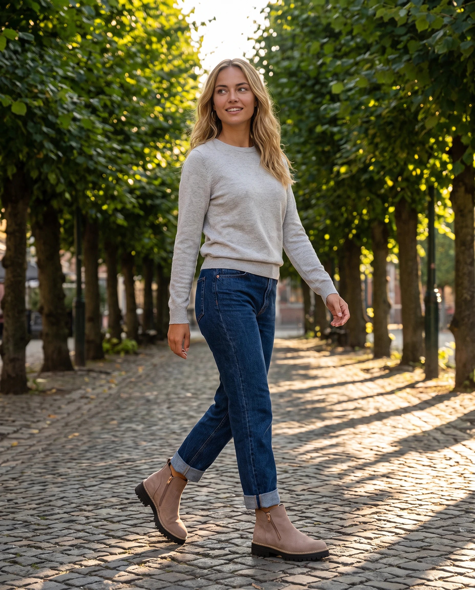 Bottines à zip latéral en suédine Félicité — Mocha, portées dans une allée de tilleuls en fin d'été