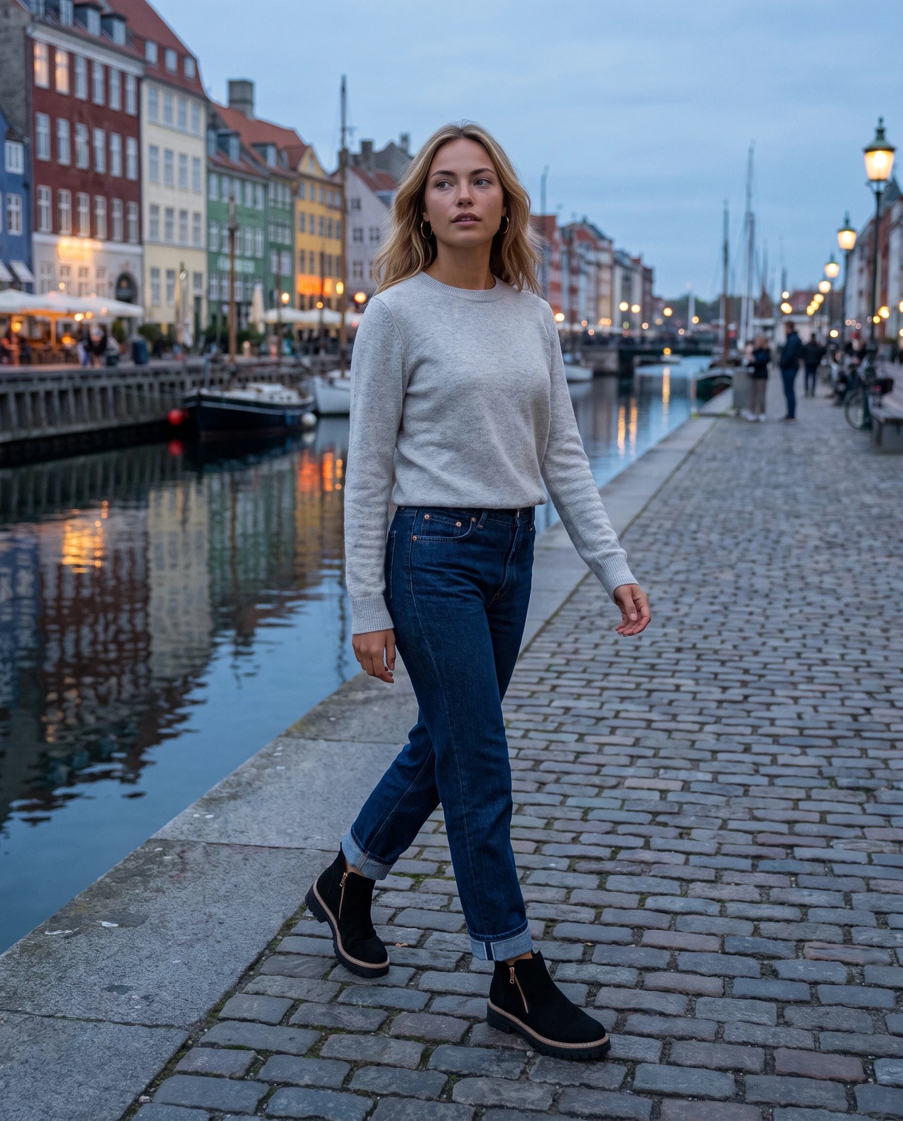 Bottines à zip latéral en suédine Félicité — Noir, portées sur un quai de canal pavé au crépuscule