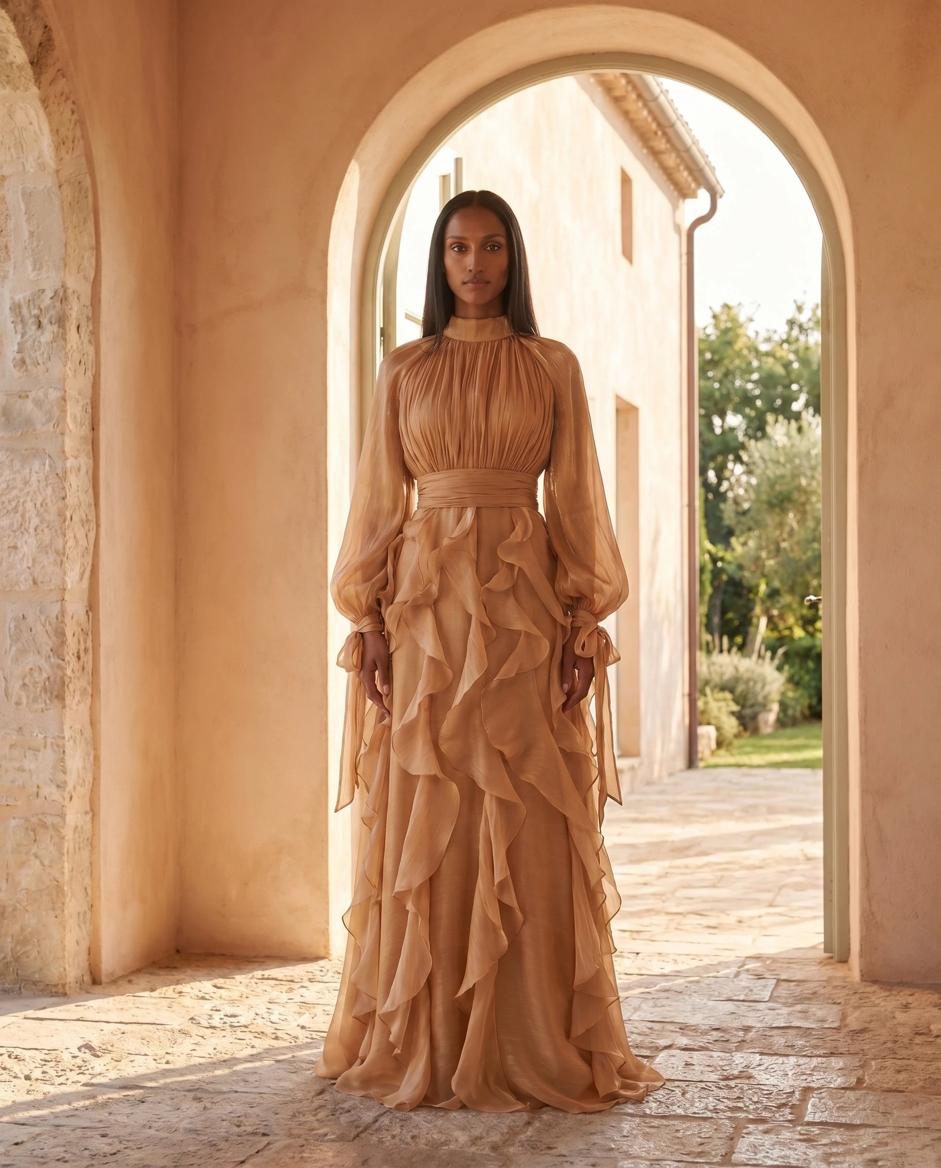 Robe de soiree longue a volants caramel villa mediterraneenne