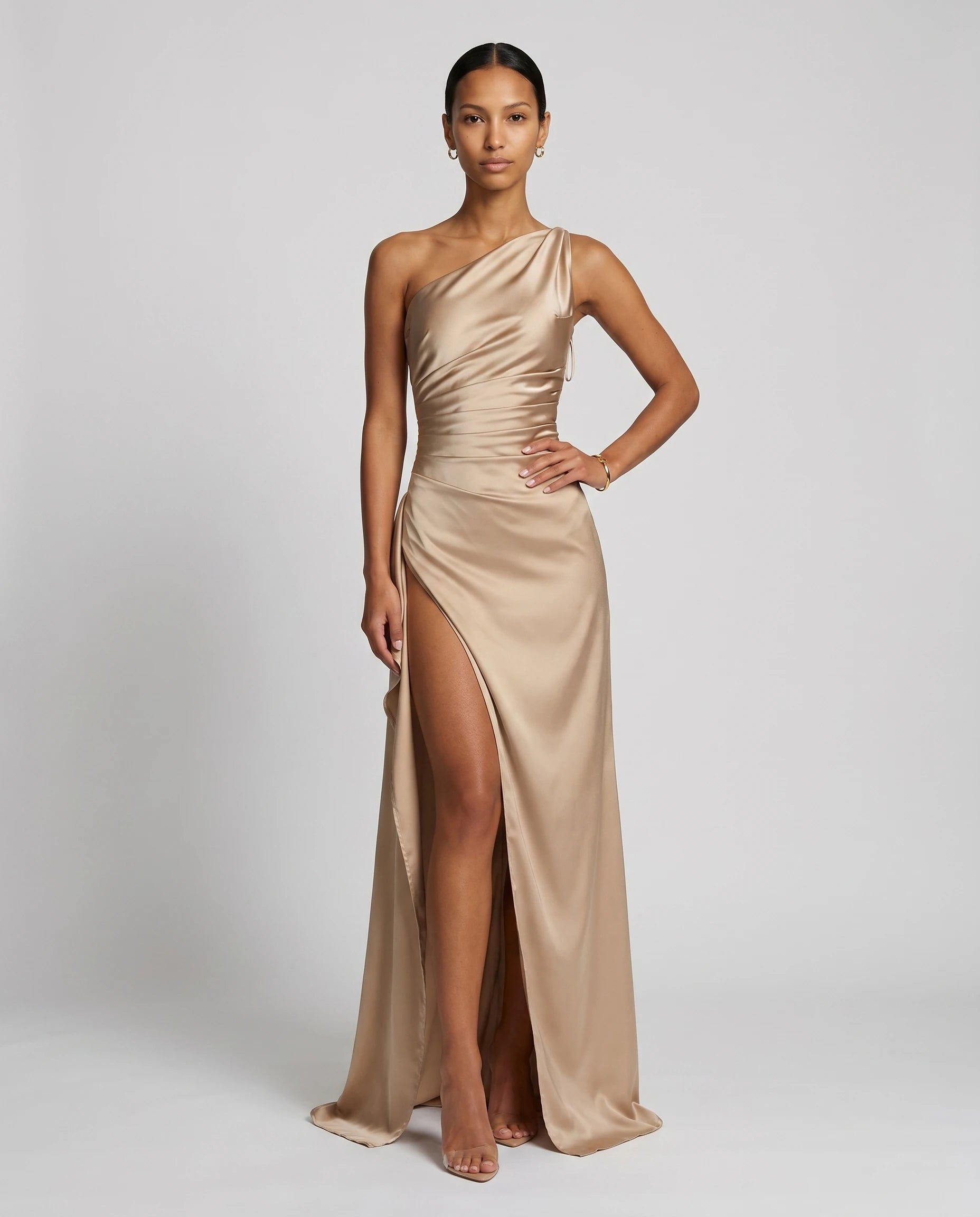 Robe longue en satin une epaule - Champagne - Ines