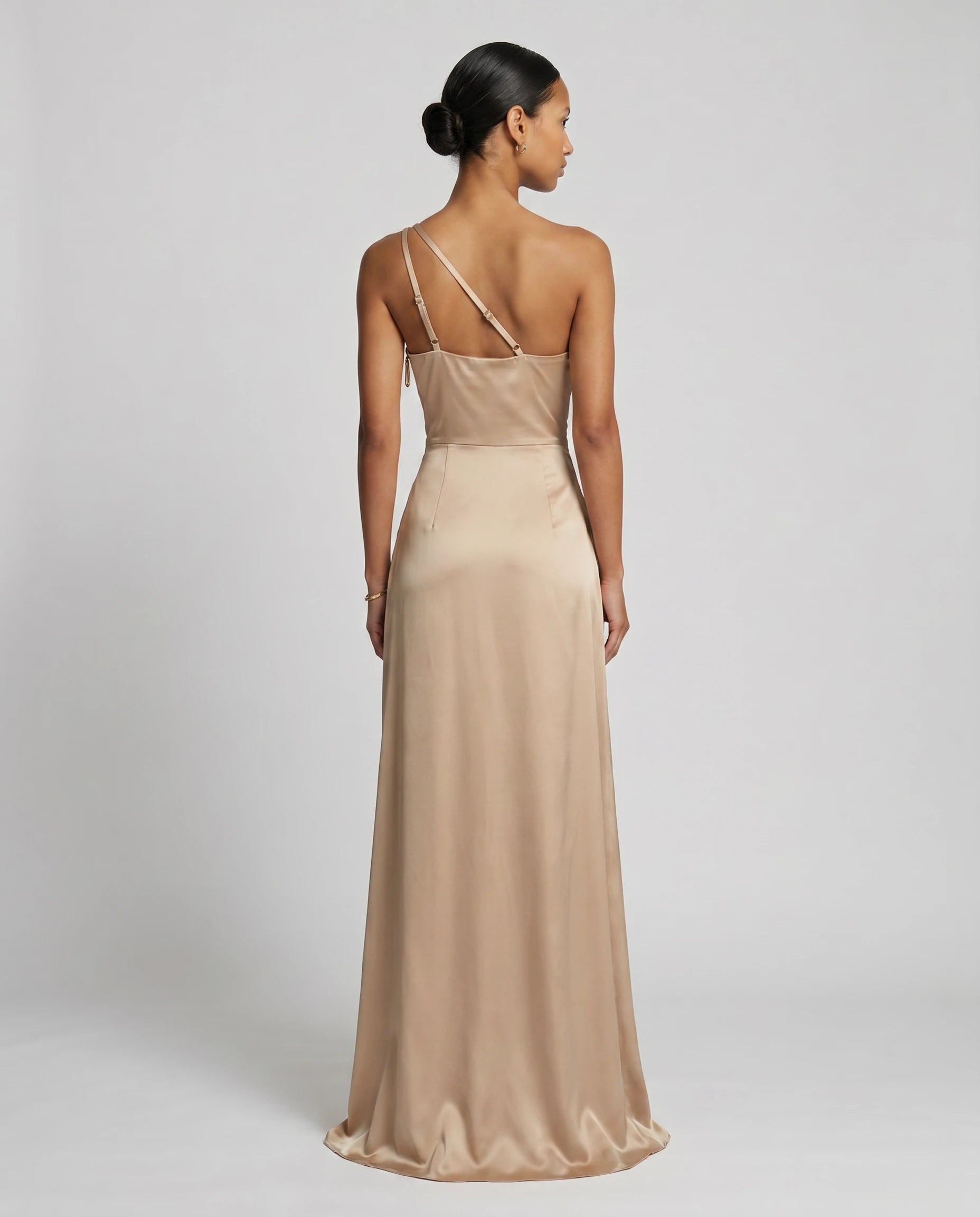 Robe longue en satin une epaule - Champagne - Ines