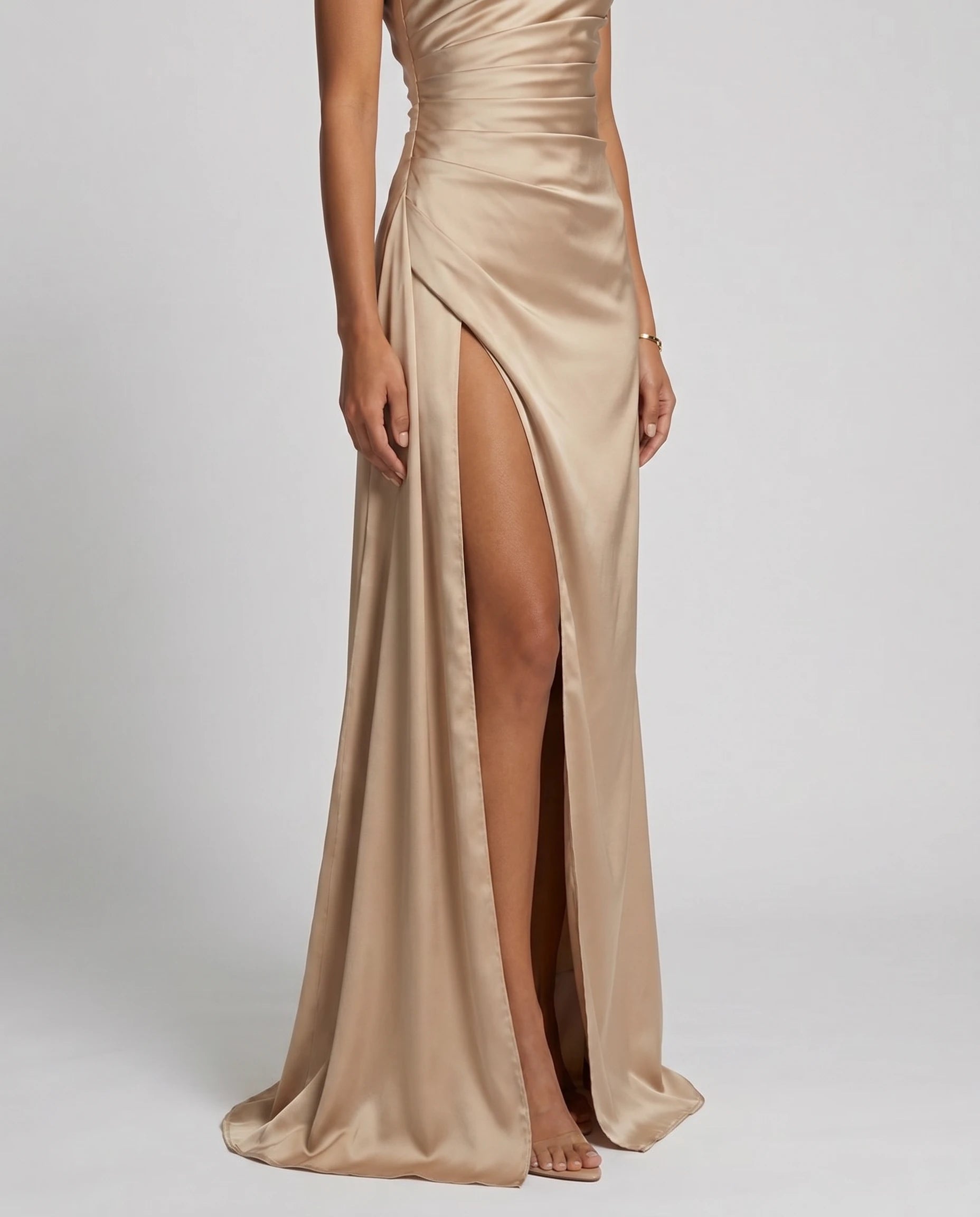 Robe longue en satin une epaule - Champagne - Ines