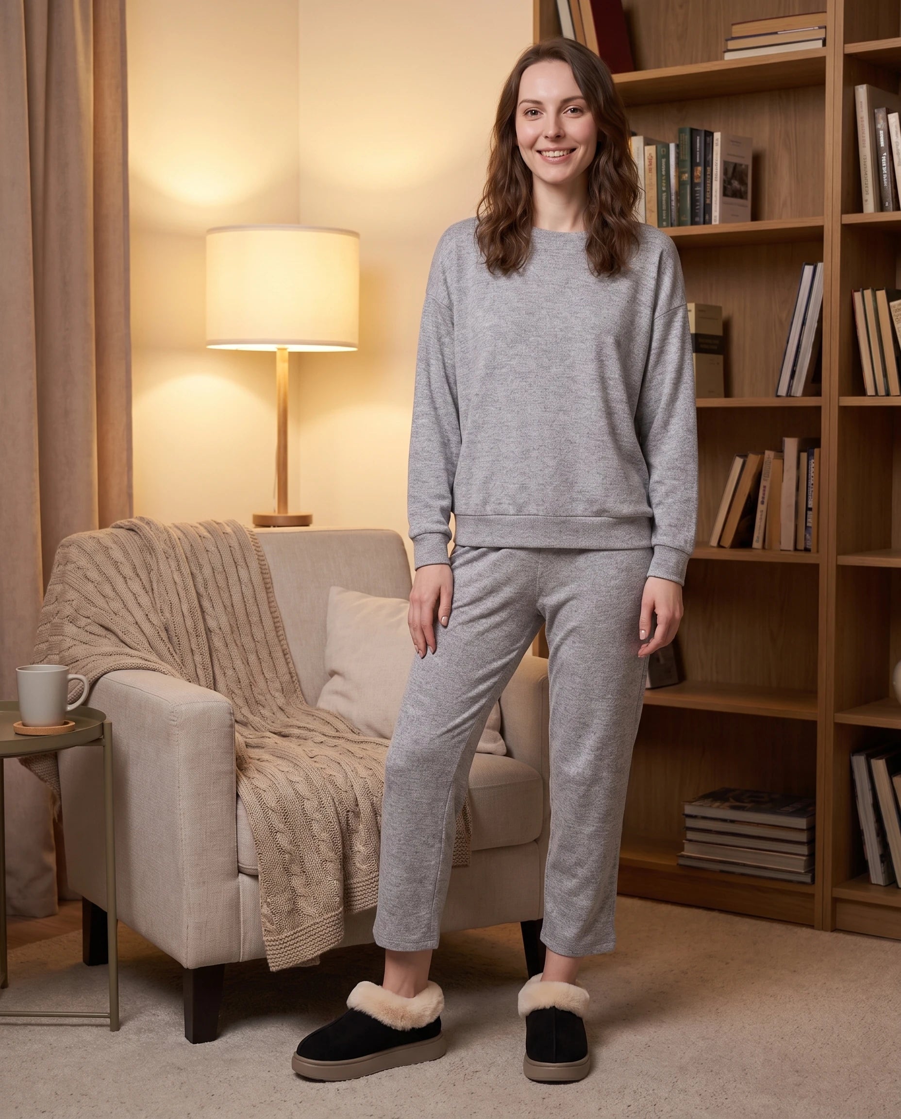 Chaussons bottines en peluche Roselène — Noir, portés à la maison