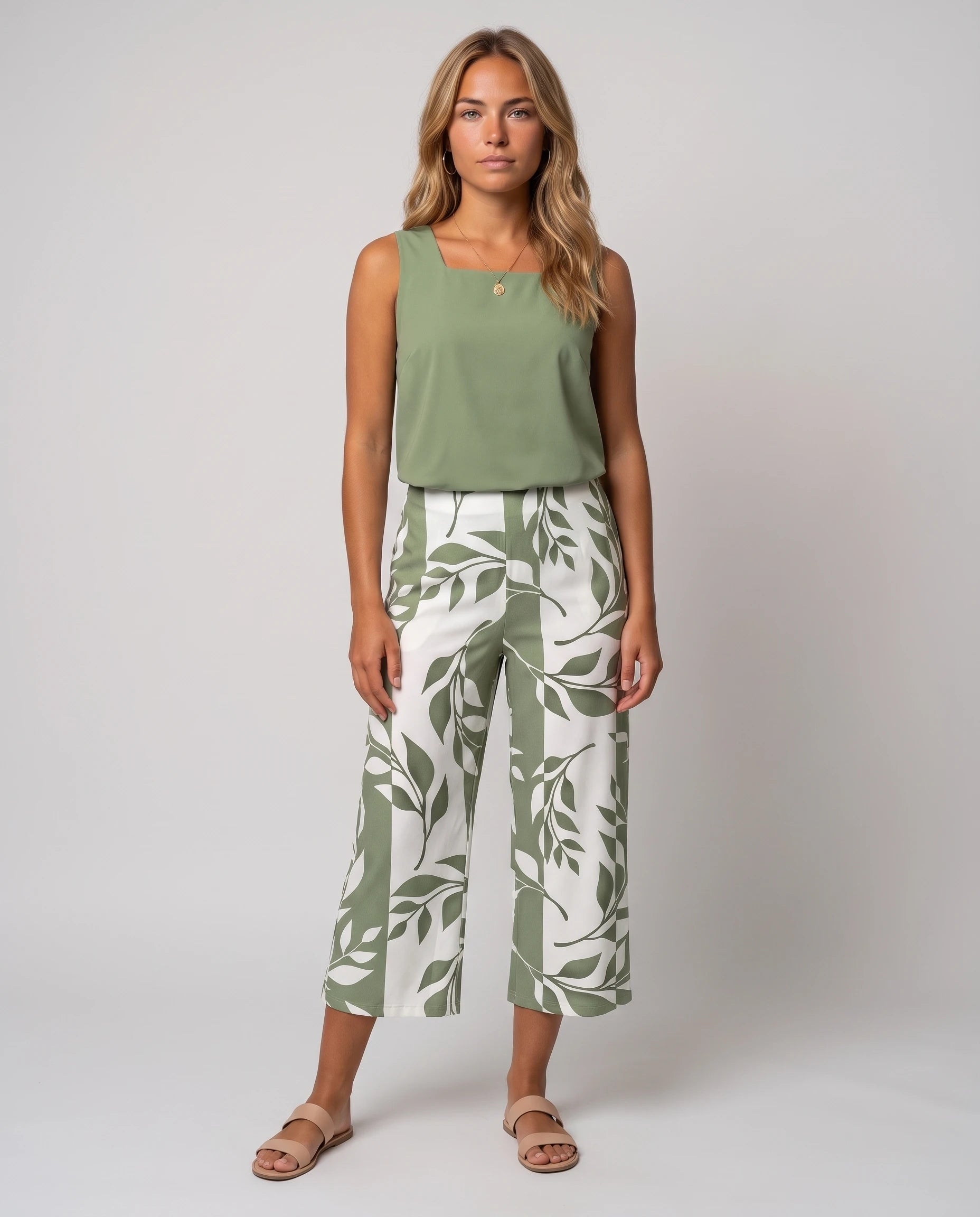 Ensemble top col carré et pantalon capri imprimé Clotilde — Vert Sauge — vue face studio