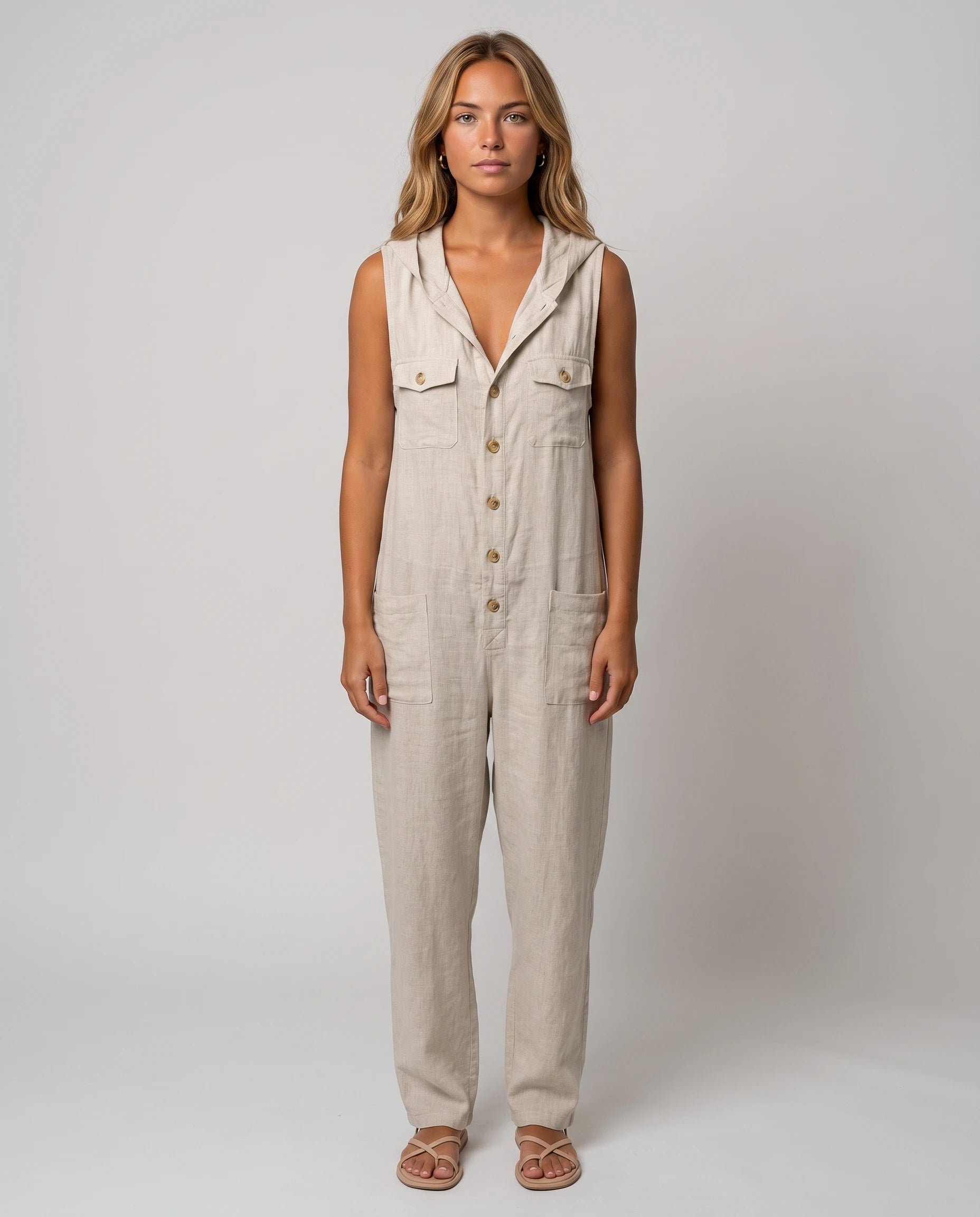 Combinaison sans manches en lin a capuche Flavie - coloris Beige, vue de face