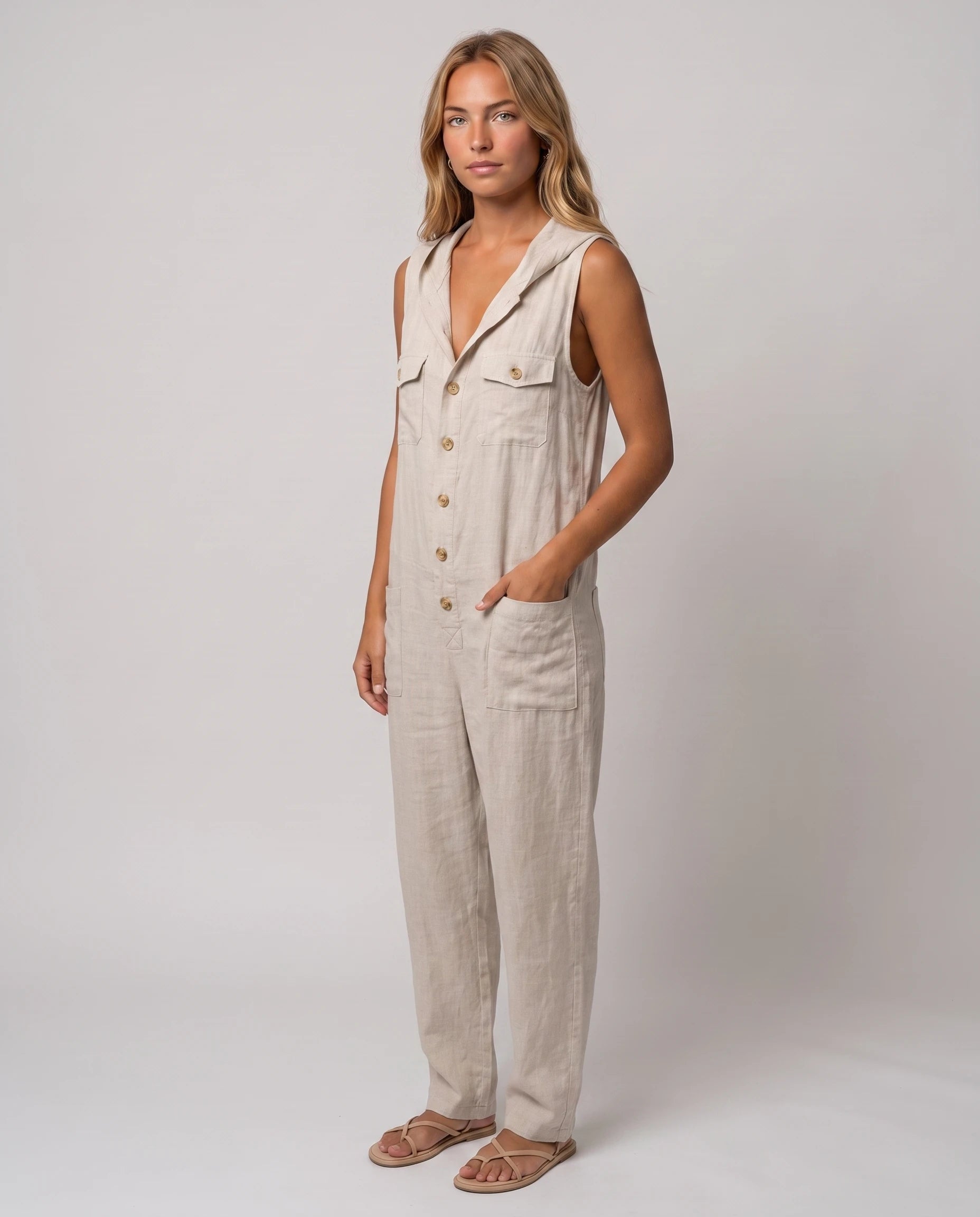 Combinaison sans manches en lin a capuche Flavie - coloris Beige, vue de trois quarts