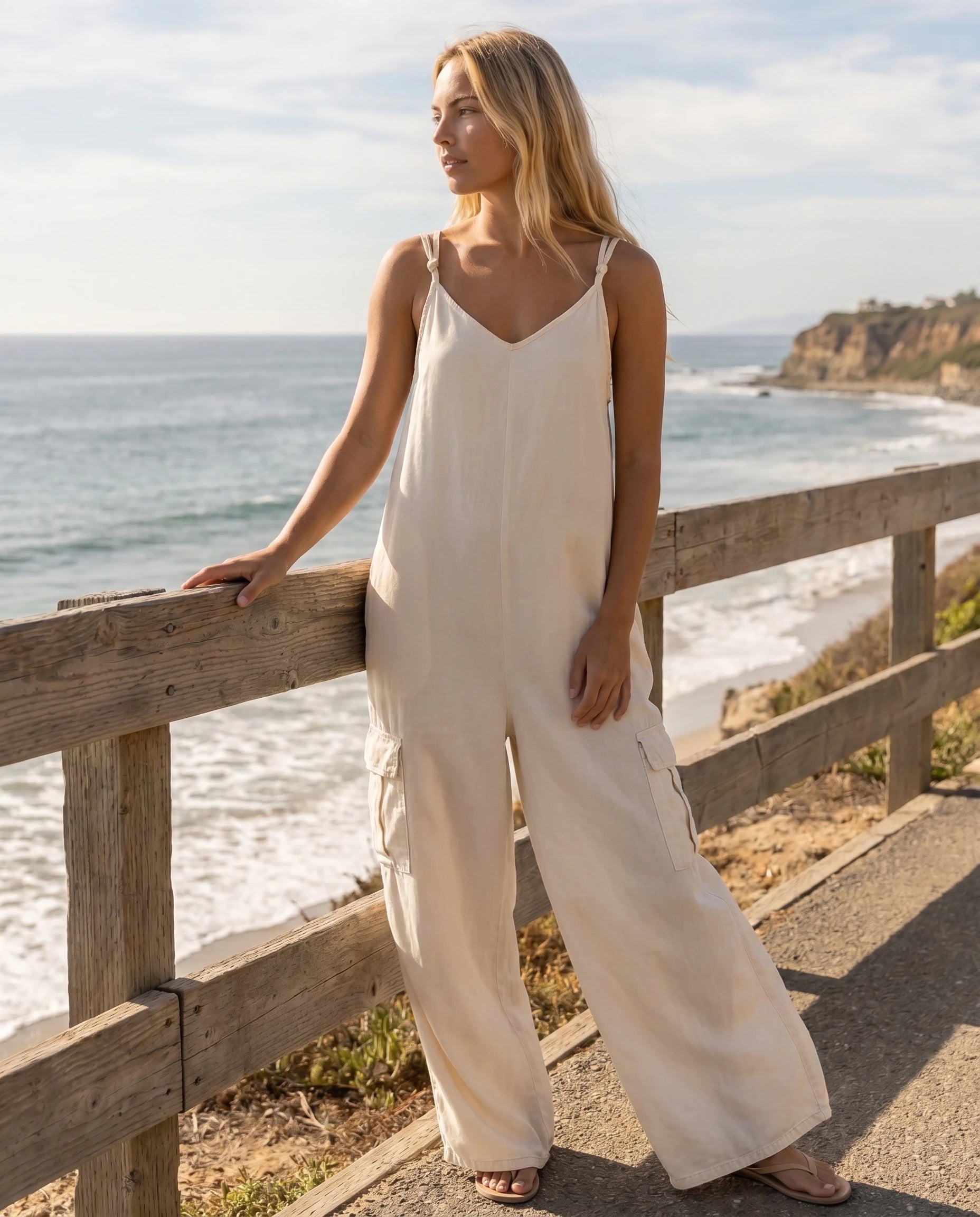 Combinaison ample jambe large a poches Colombe - Blanc - portee au bord de mer