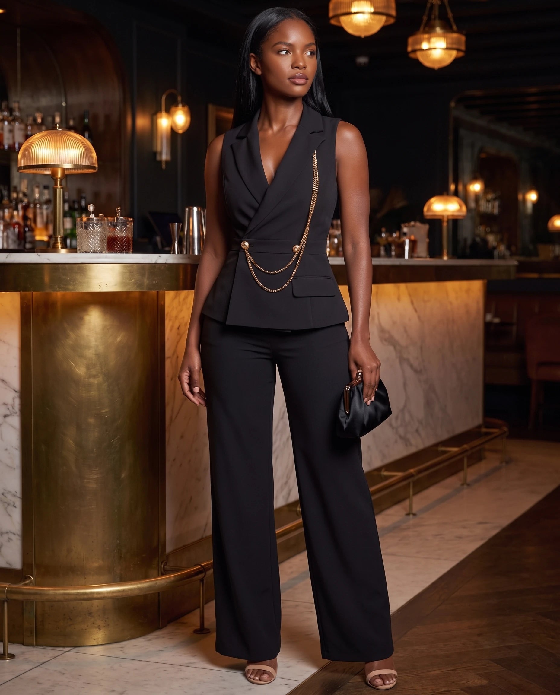 Combinaison blazer chic Hermance noire portee en soiree dans un bar chic