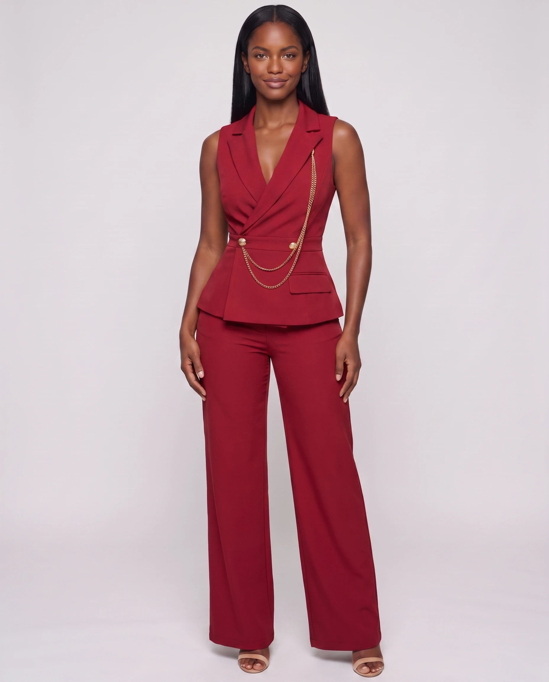 Combinaison blazer chic Hermance rouge, vue de face en studio