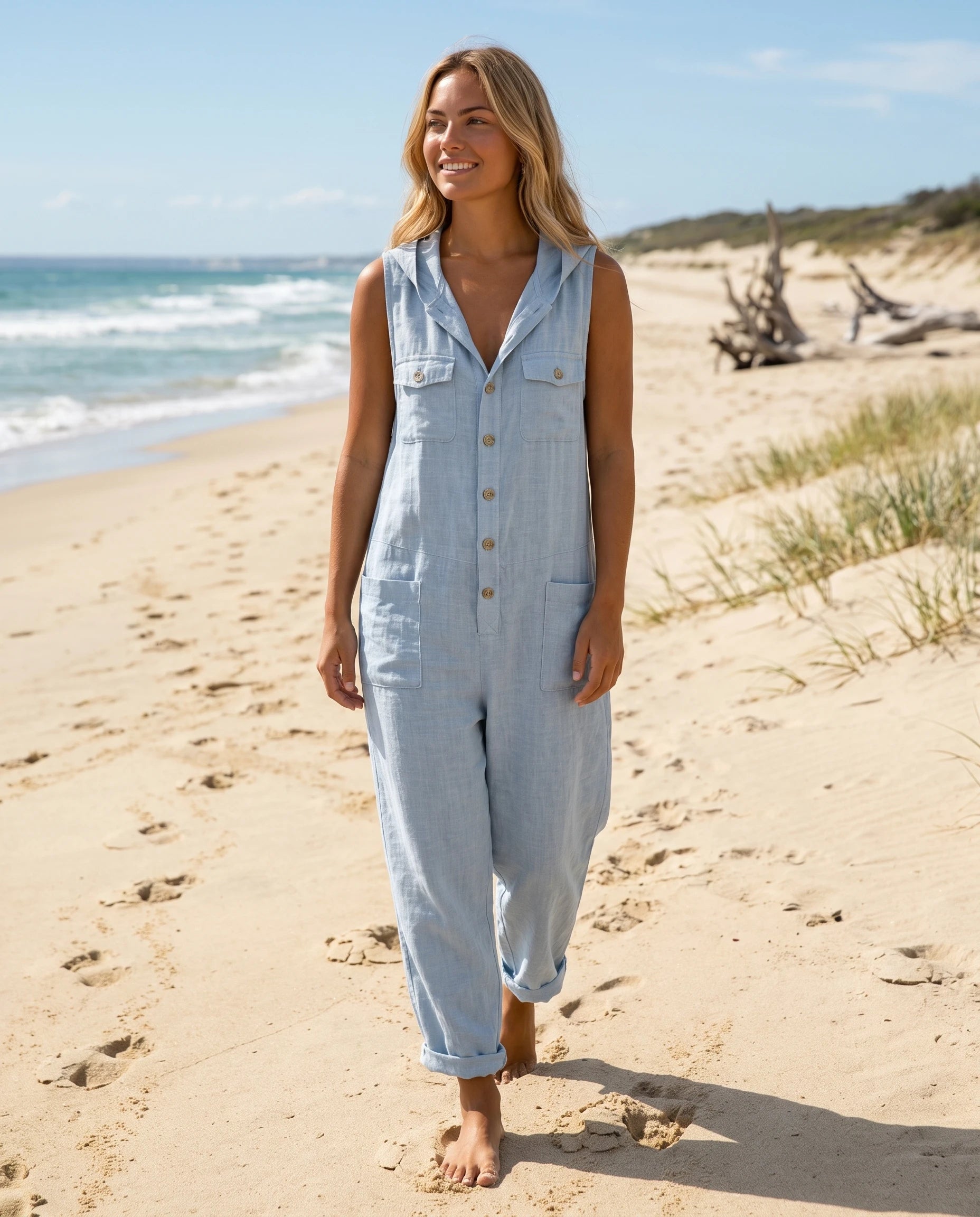 Combinaison sans manches en lin a capuche Flavie - coloris Bleu Chambray, sur la plage