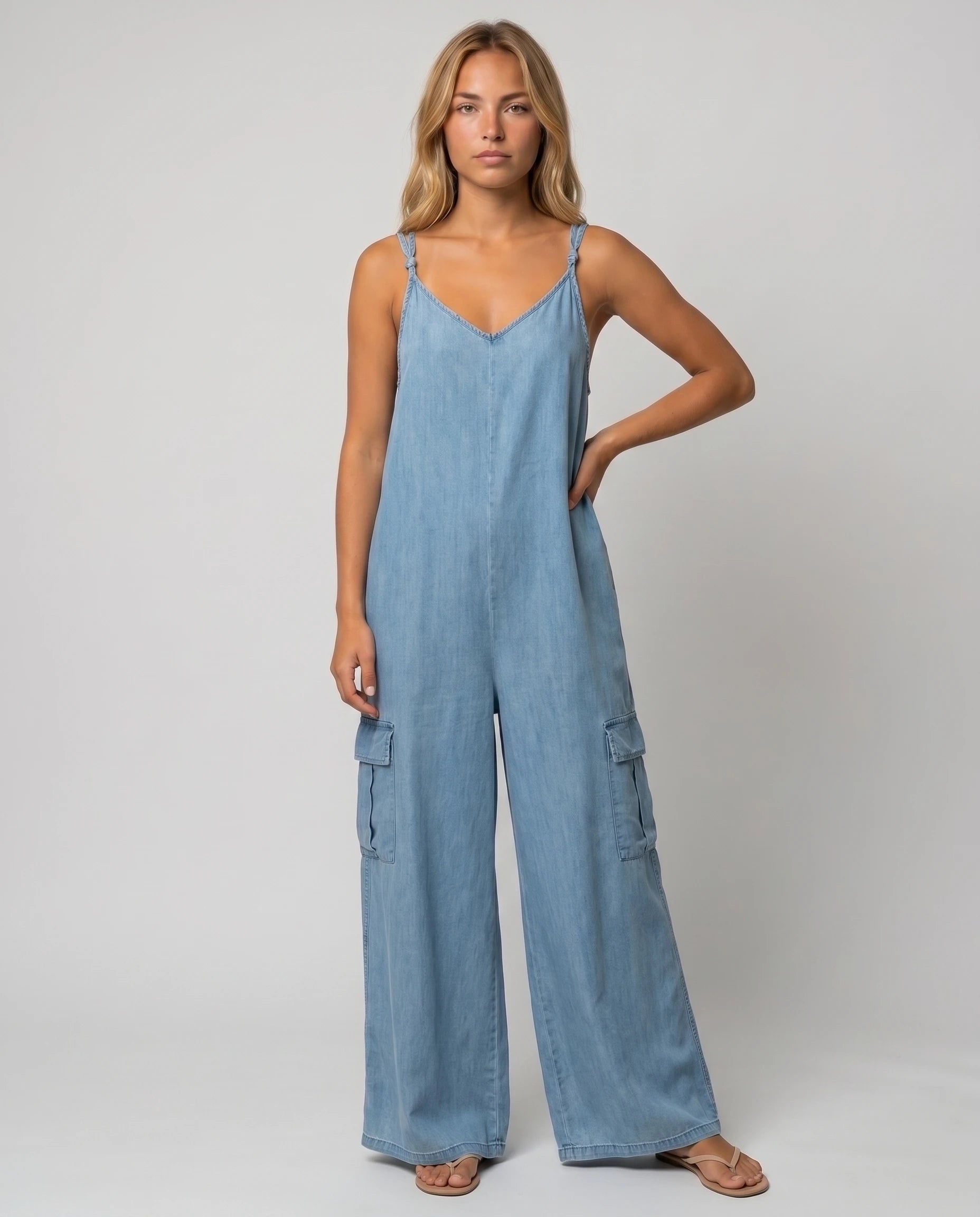 Combinaison ample jambe large a poches Colombe - Bleu Denim - vue studio face