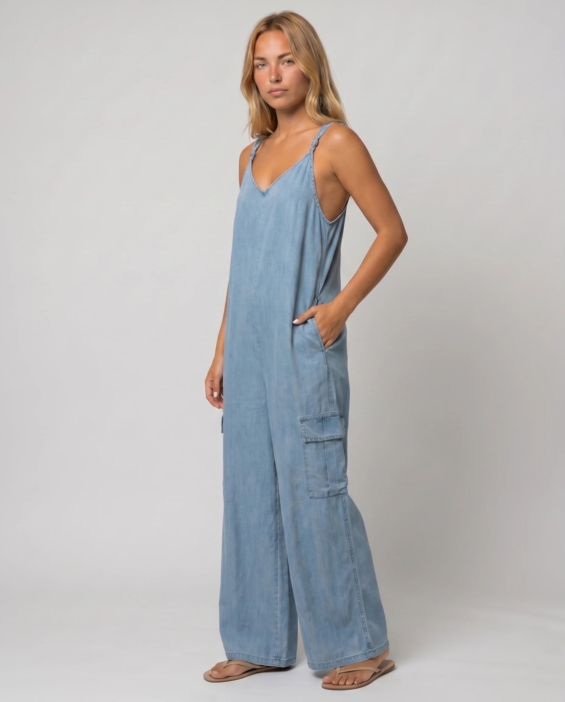 Combinaison ample jambe large a poches Colombe - Bleu Denim - vue studio trois-quarts